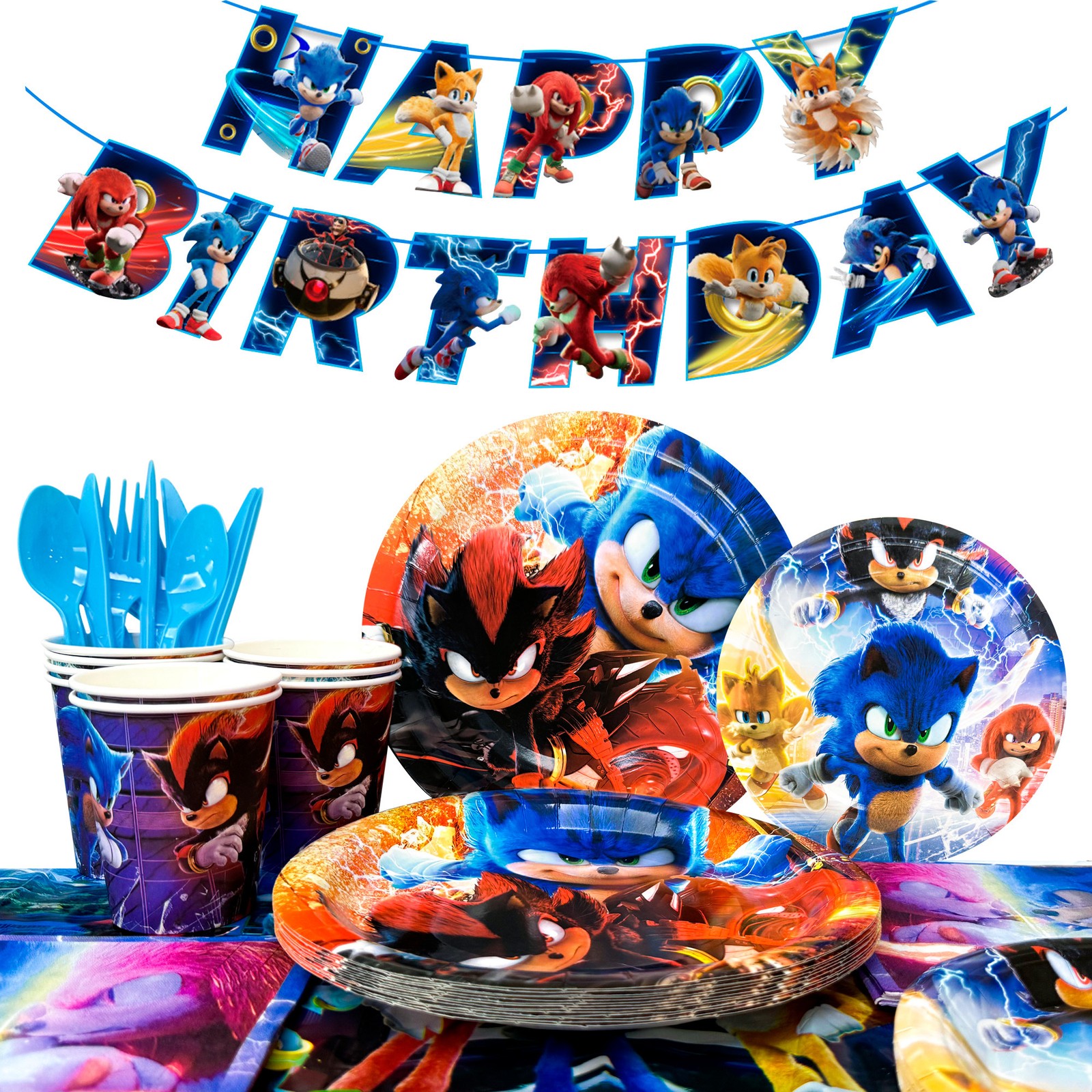 Sonic Party Supplies Tableware 118Pcs Sonic Tablecloth Banner Plates Napkins Cup