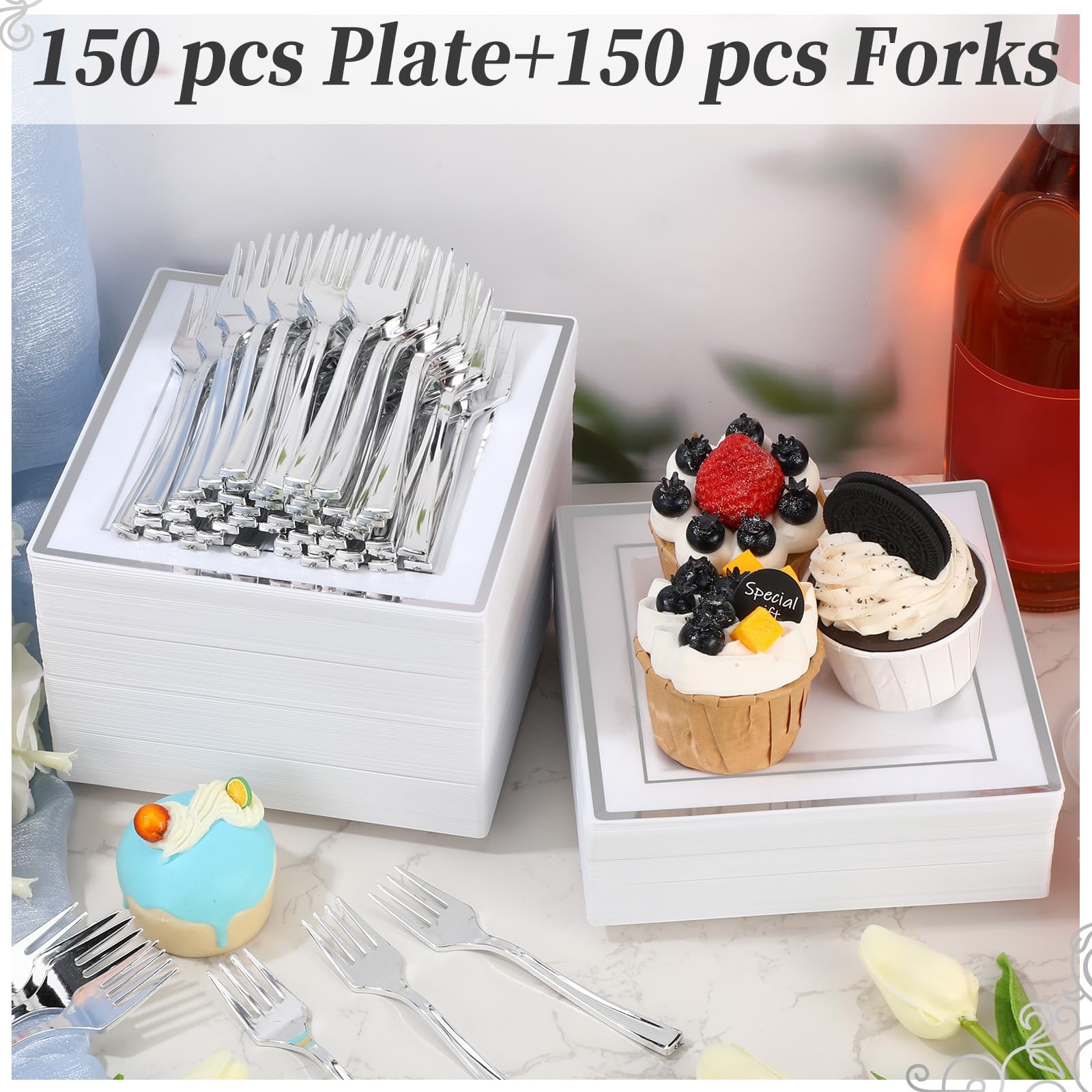 Gandeer 300 Pcs Square Plastic Plates Forks Set Include 150 Disposable 6.5 Inch