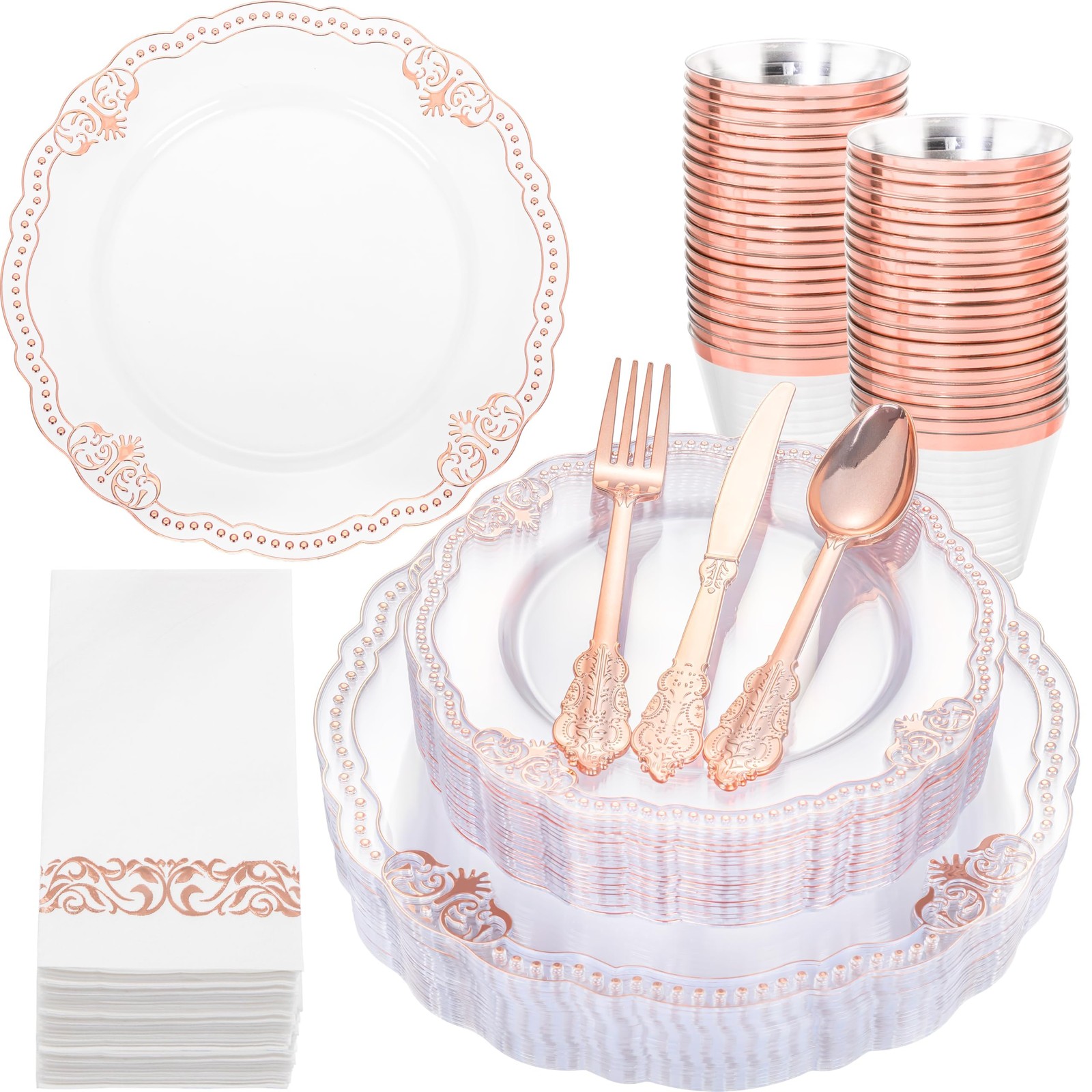 175 PCS Rose and Gold Plastic Plates – Fancy Rose Gold Disposable Dinnerware …