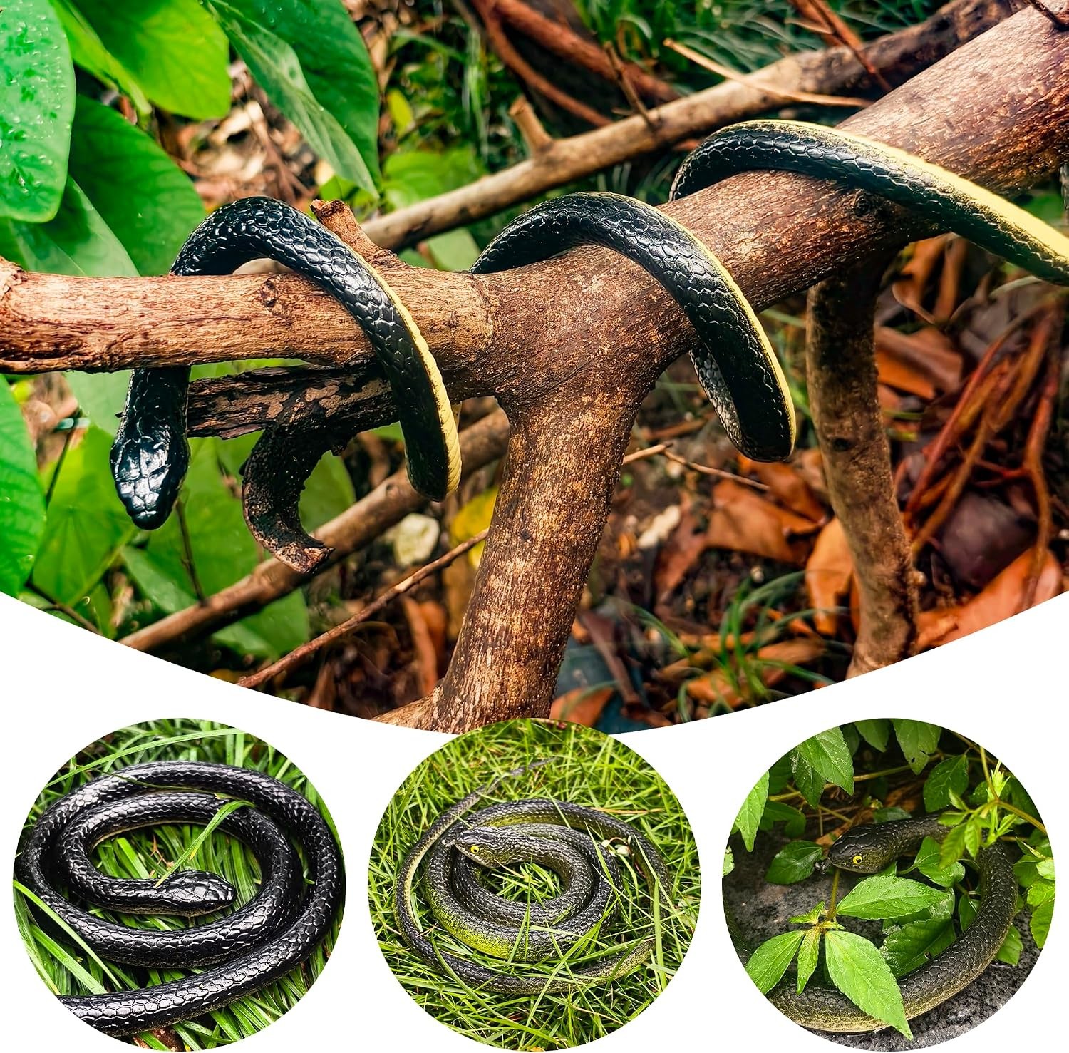 3 PCS 50″ Realistic Rubber Snake Fake Lifelike Toy Prank Joke Prop for Garden