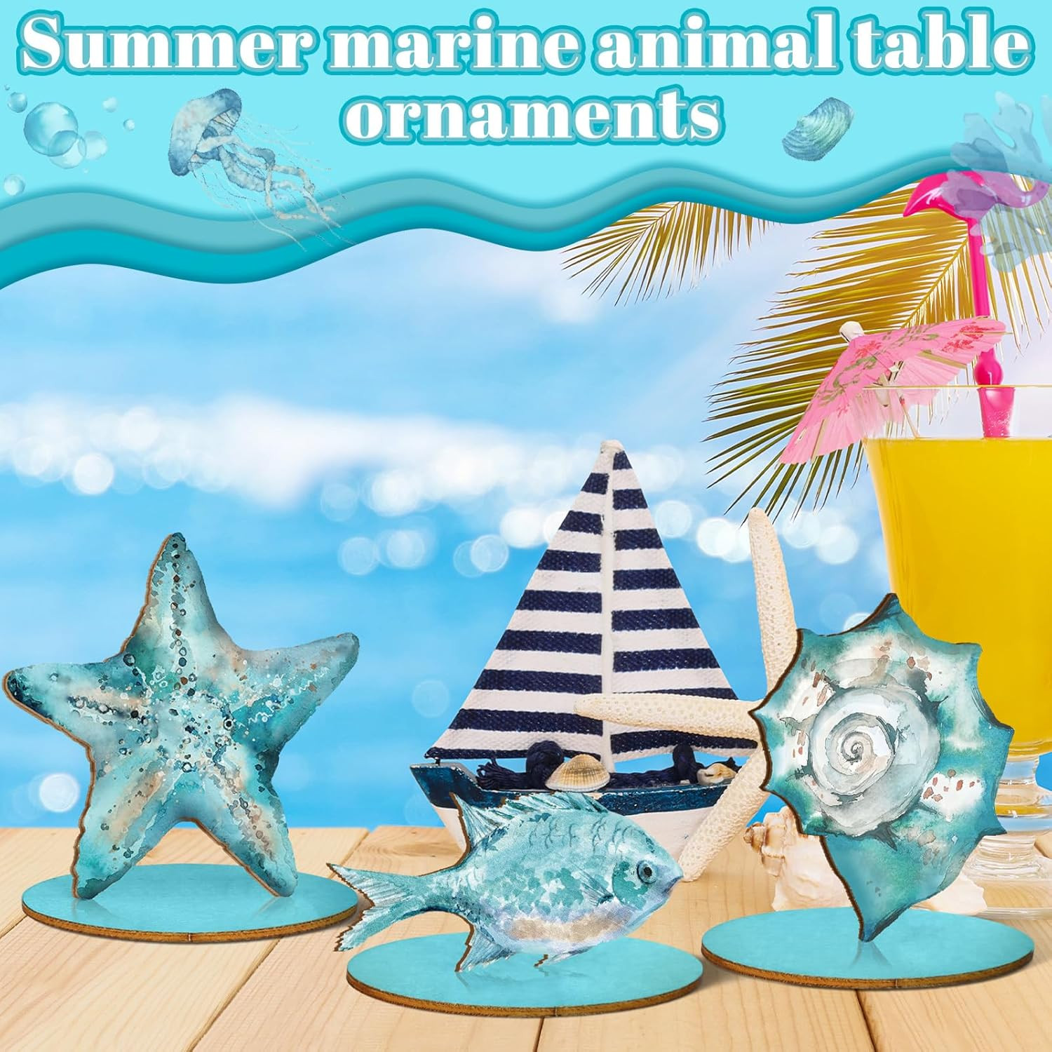 10 Pcs Ocean Wood Table Sign under the Sea Wooden Beach Table Decor Sea Animal C