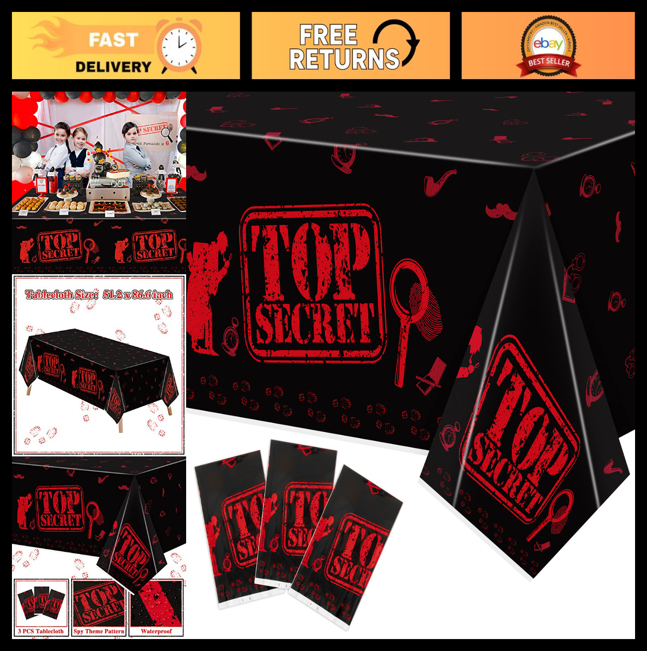 3PCS Spy Party Tablecloths – Kids Birthday Secret Agent Theme Table Covers, Plas