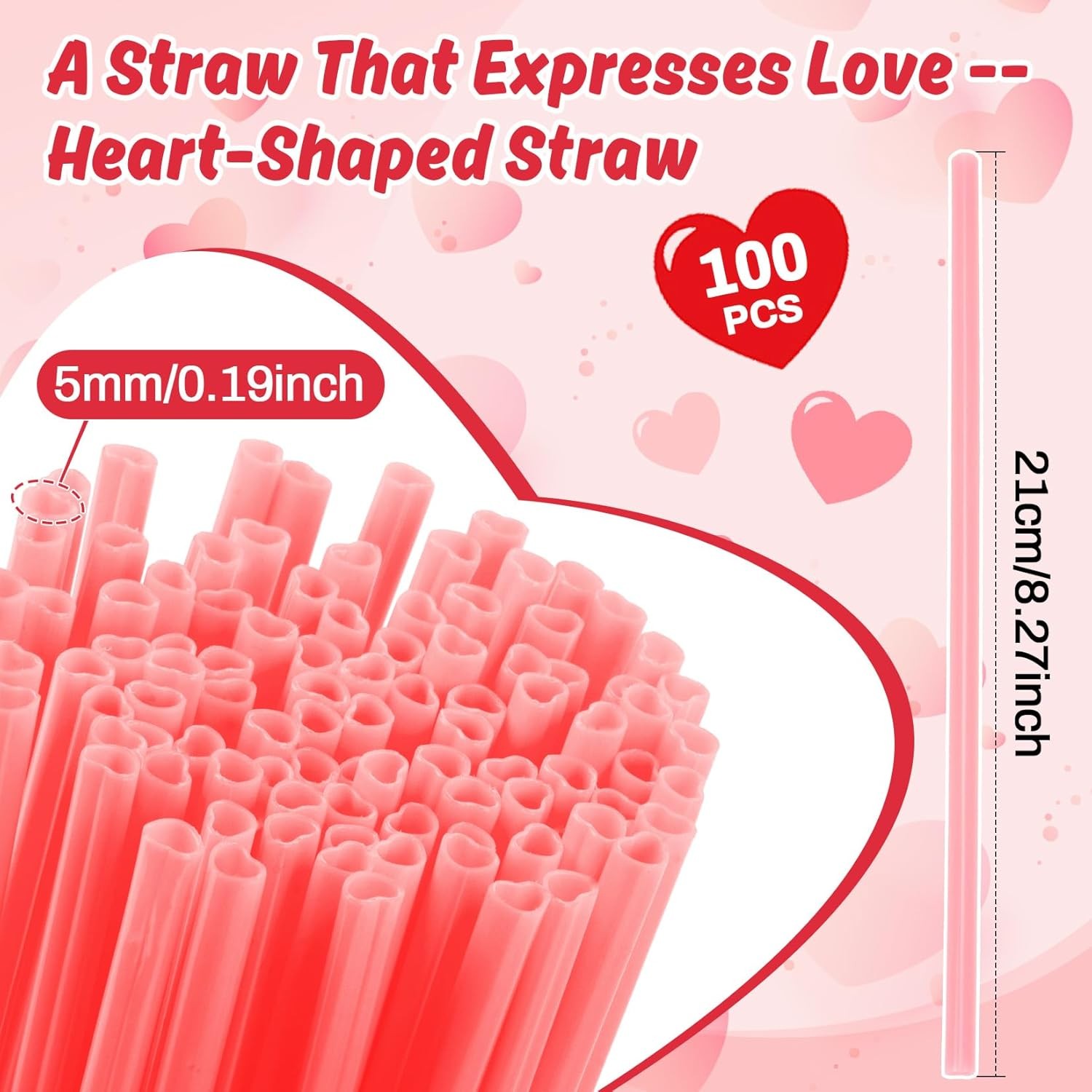 100PCS Valentines Day Heart Straws – Heart Shaped Pink Straws Plastic Disposable