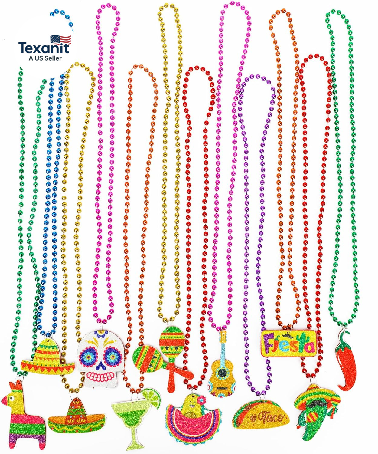 Cinco De Mayo Party Favors, 12PCS Fiesta Necklace Bead Favors, Mexican Metallic
