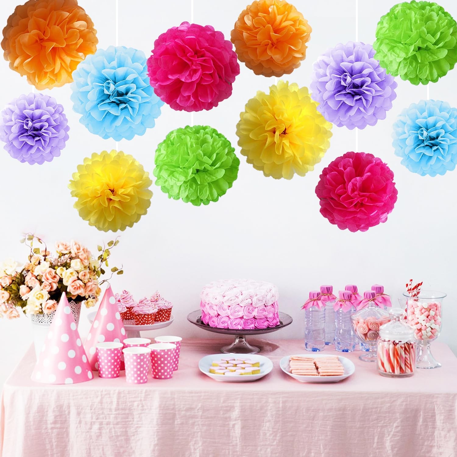 Rainbow Assorted Color Tissue Paper Flower Pom Poms Hanging Ball Decor