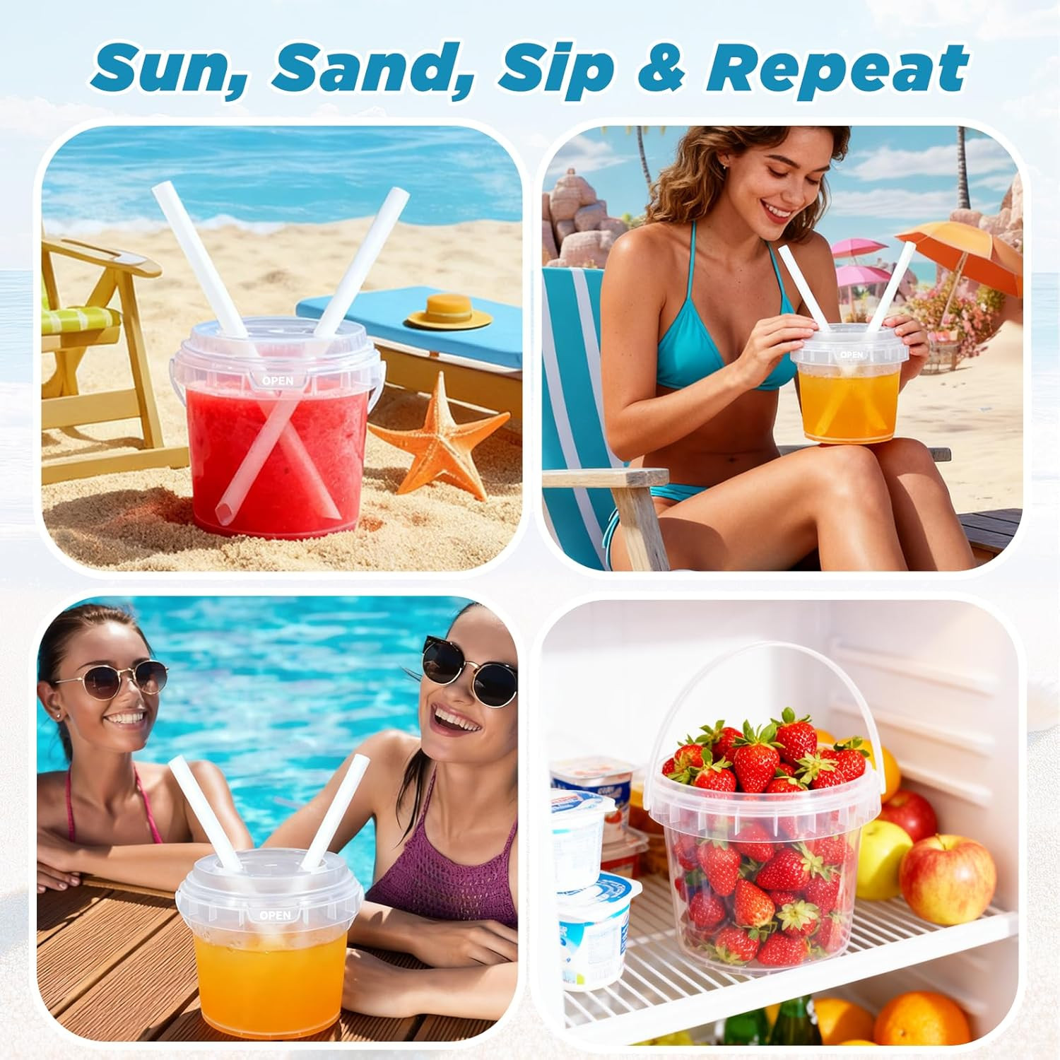25Oz Reusable Plastic Drink Buckets with Lids and Straws – 10 Pack