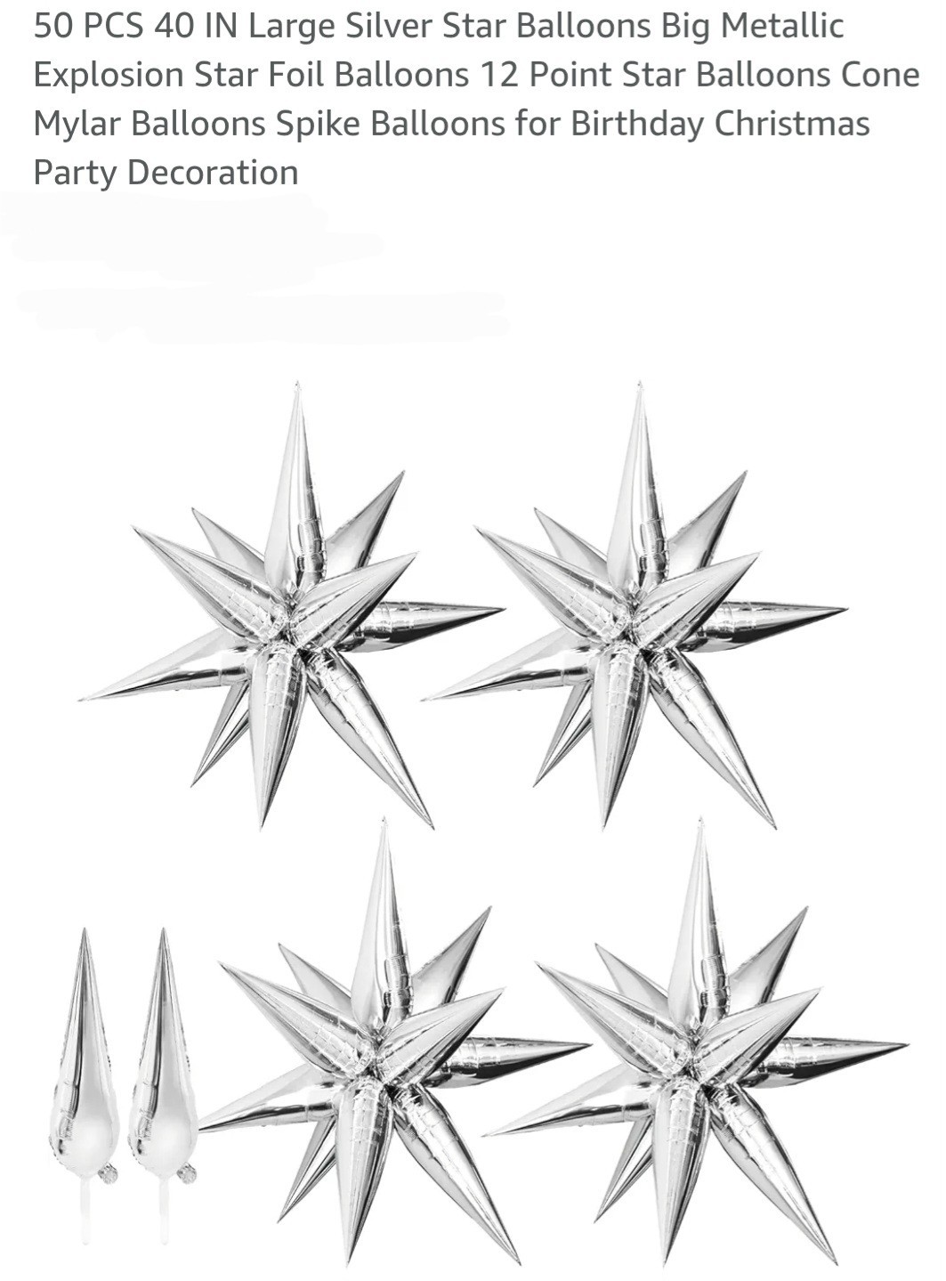 50 Pc 40″ Silver Star Explosion Metallic Mylar 12 Point Foil Cone Spike Balloons