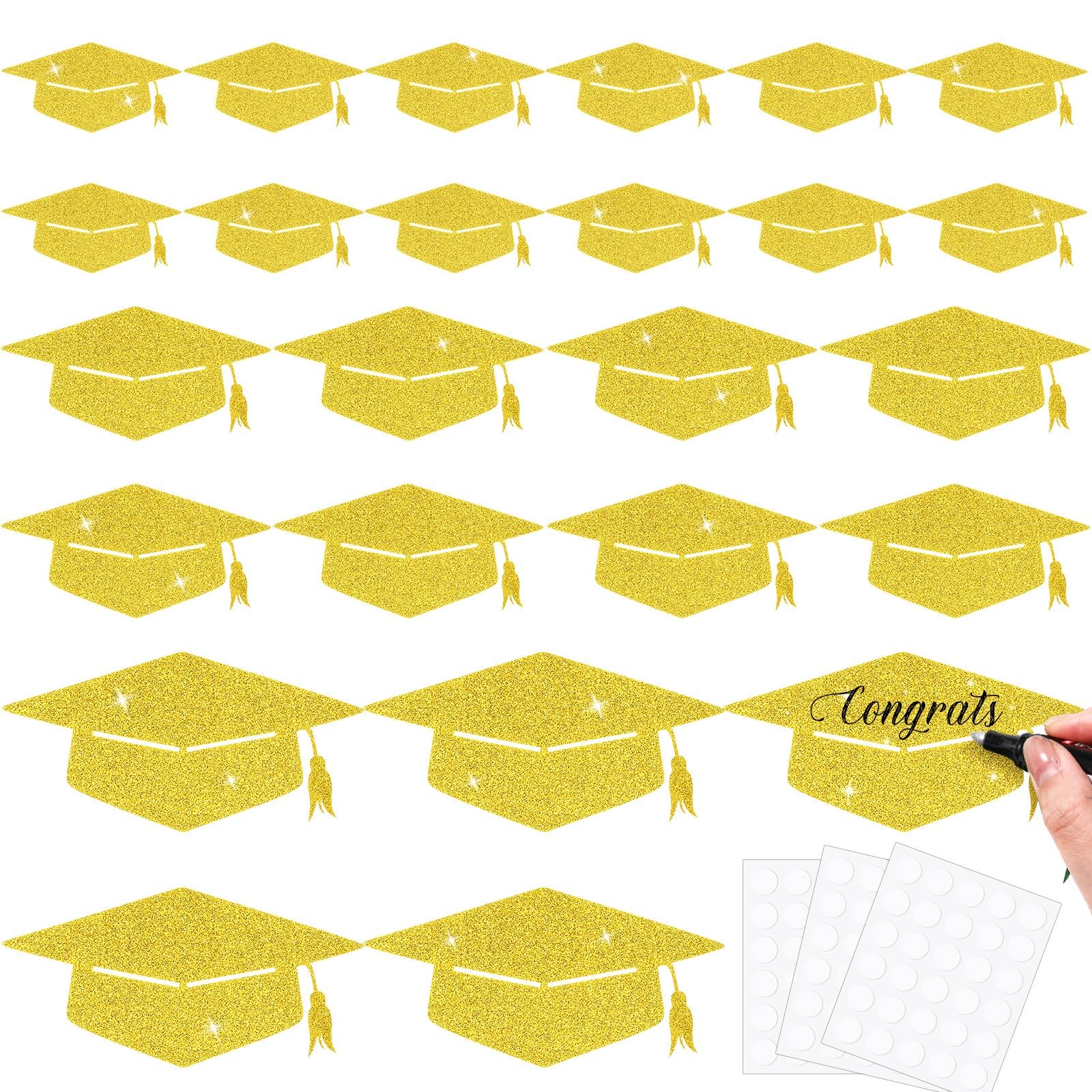 120 PCS Gold Glitter Grad Caps Cutouts Glue Points Class Of 2025 Tags