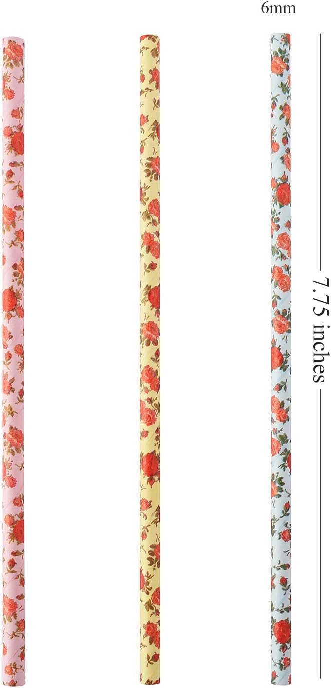 ALINK Floral Paper Straws, Biodegradable 7.75×0.25 Inch (Pack of 100),