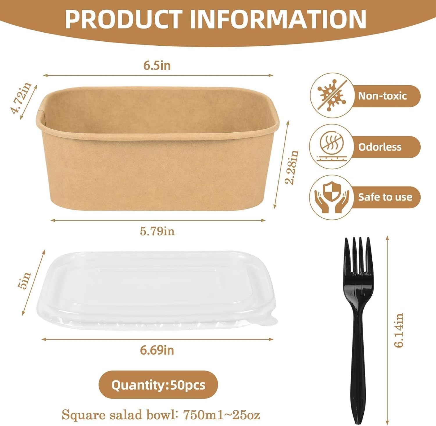 50 Pack Disposable Meal Prep Containers, 25oz Disposable Large Paper Bowls with