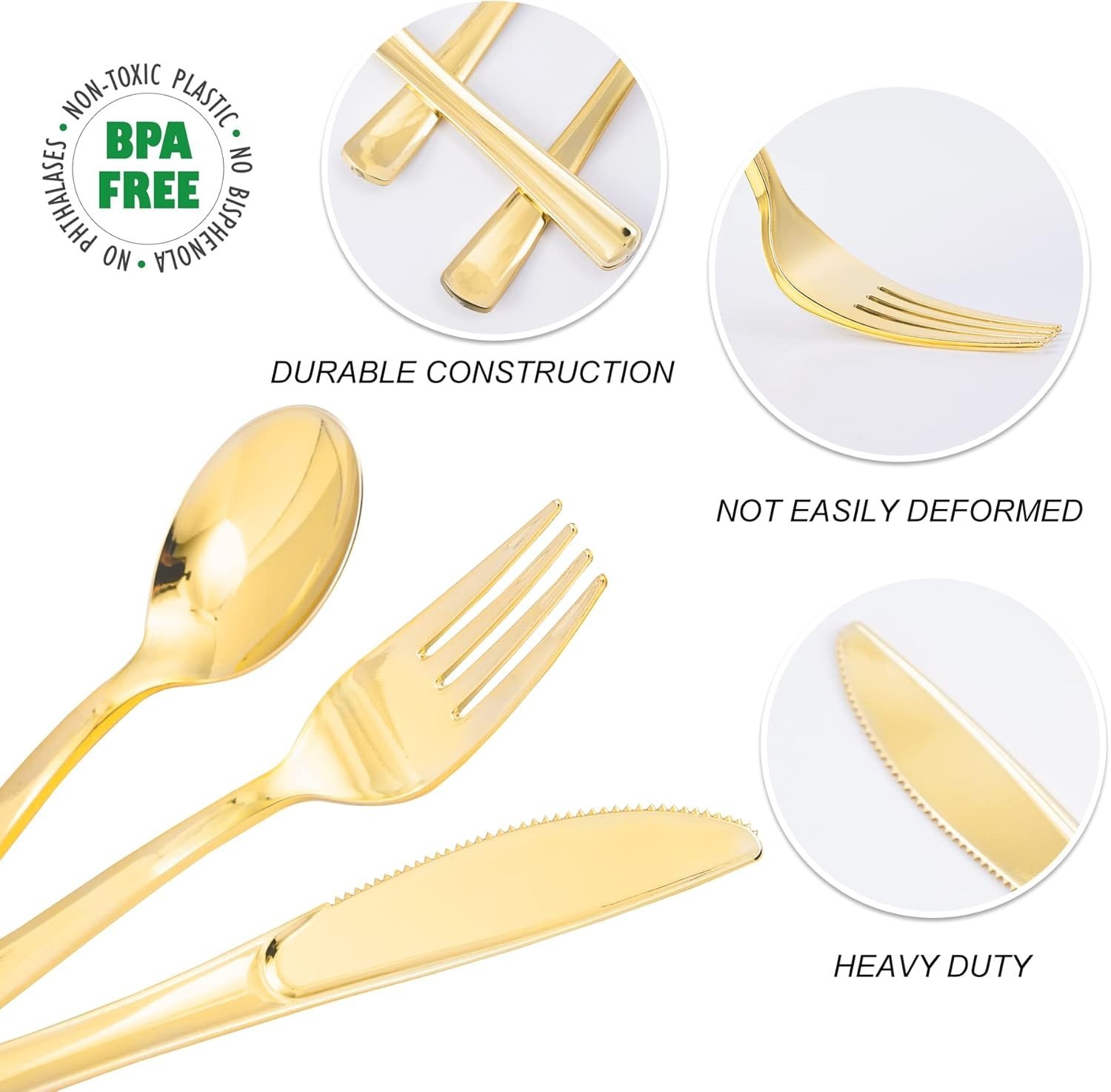 300PCS Gold Plastic Silverware, Heavy Duty Gold Plastic Cutlery Set Disposabl…
