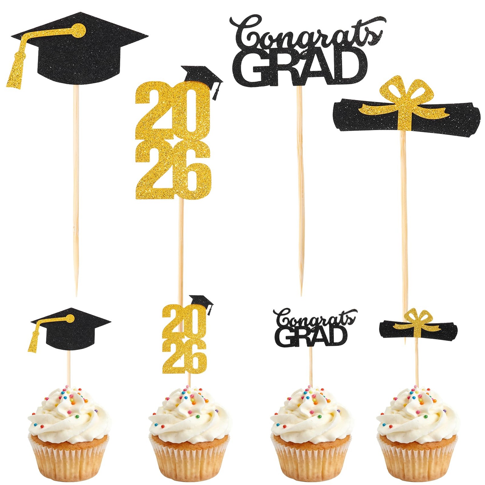 2026 Graduation Cupcake Toppers 24 PCS Glitter Gold Congrats Grad Cap Picks