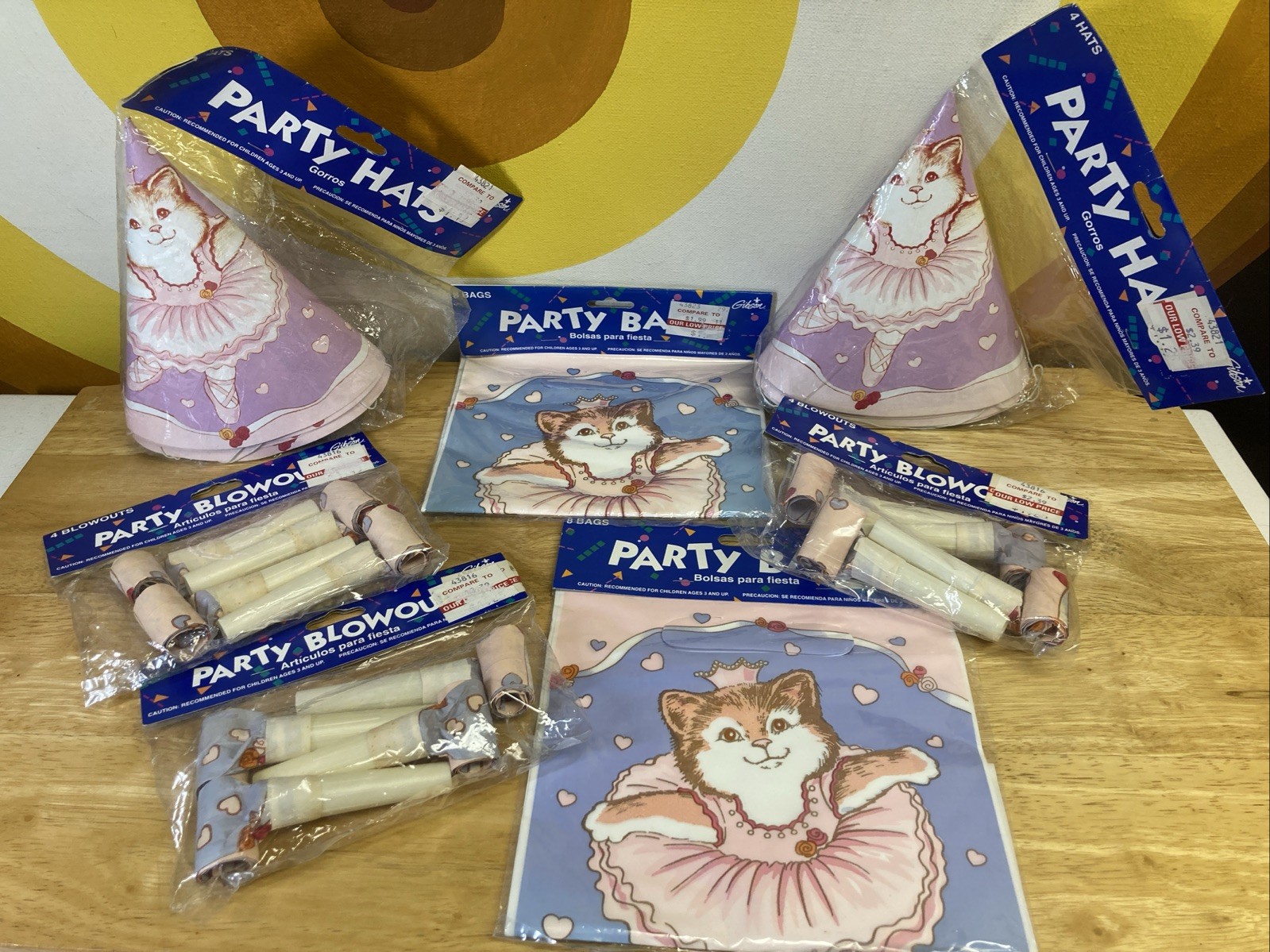 VTG 90s Ballerina Kitten Cat Party Favors Loot Bags Hats Gibson 1994 80s Retro