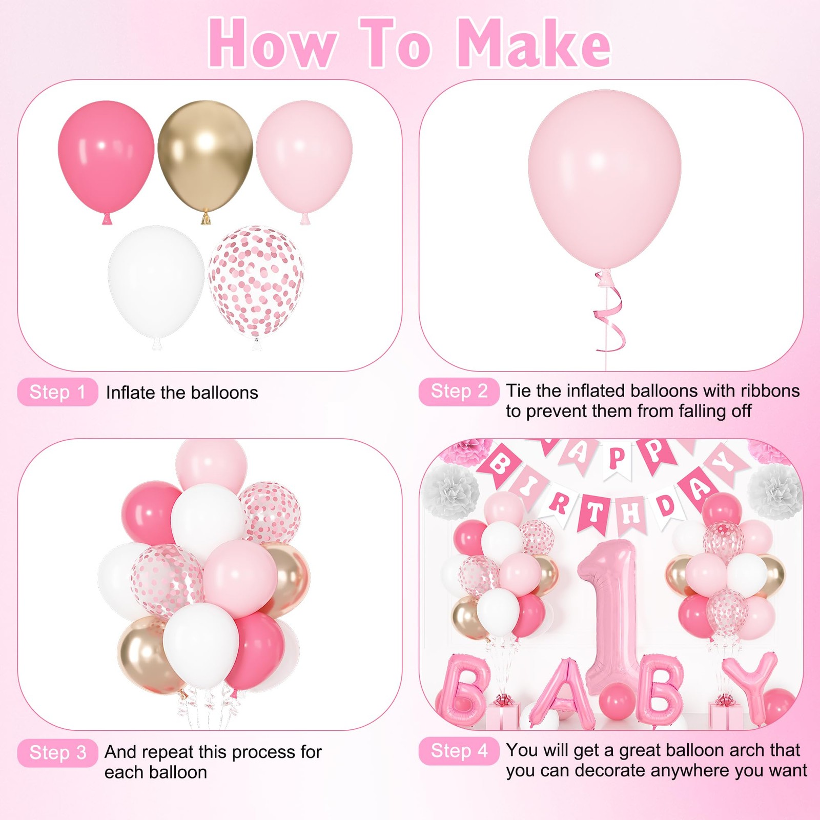 1st Birthday Decorations for Girls, 40 Inch Number 1 Balloon Pastel White Pink