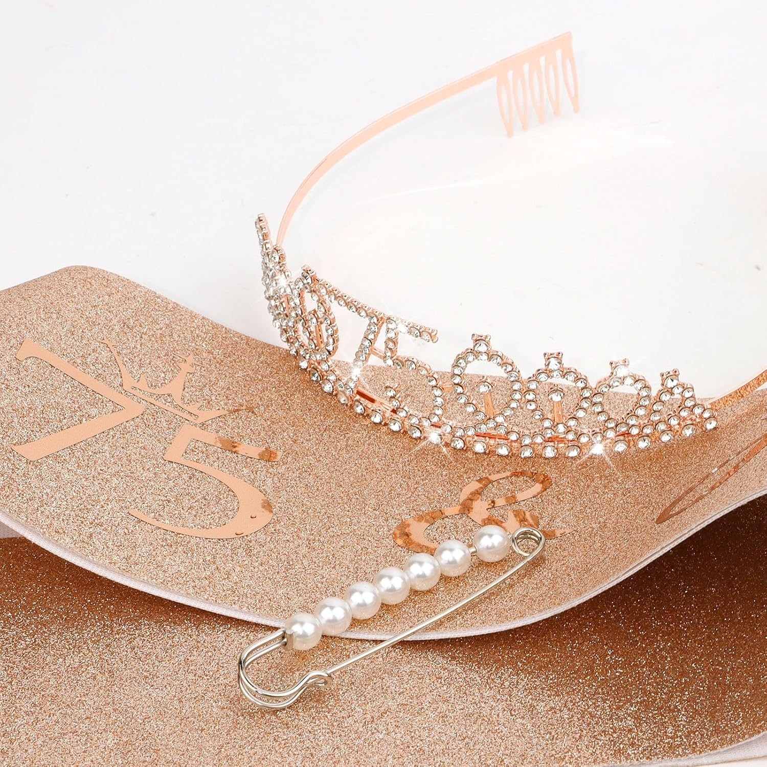 Fabulous 75th Birthday Crown and Sash Set with Elegant Pearl Pin – Gift Ready!