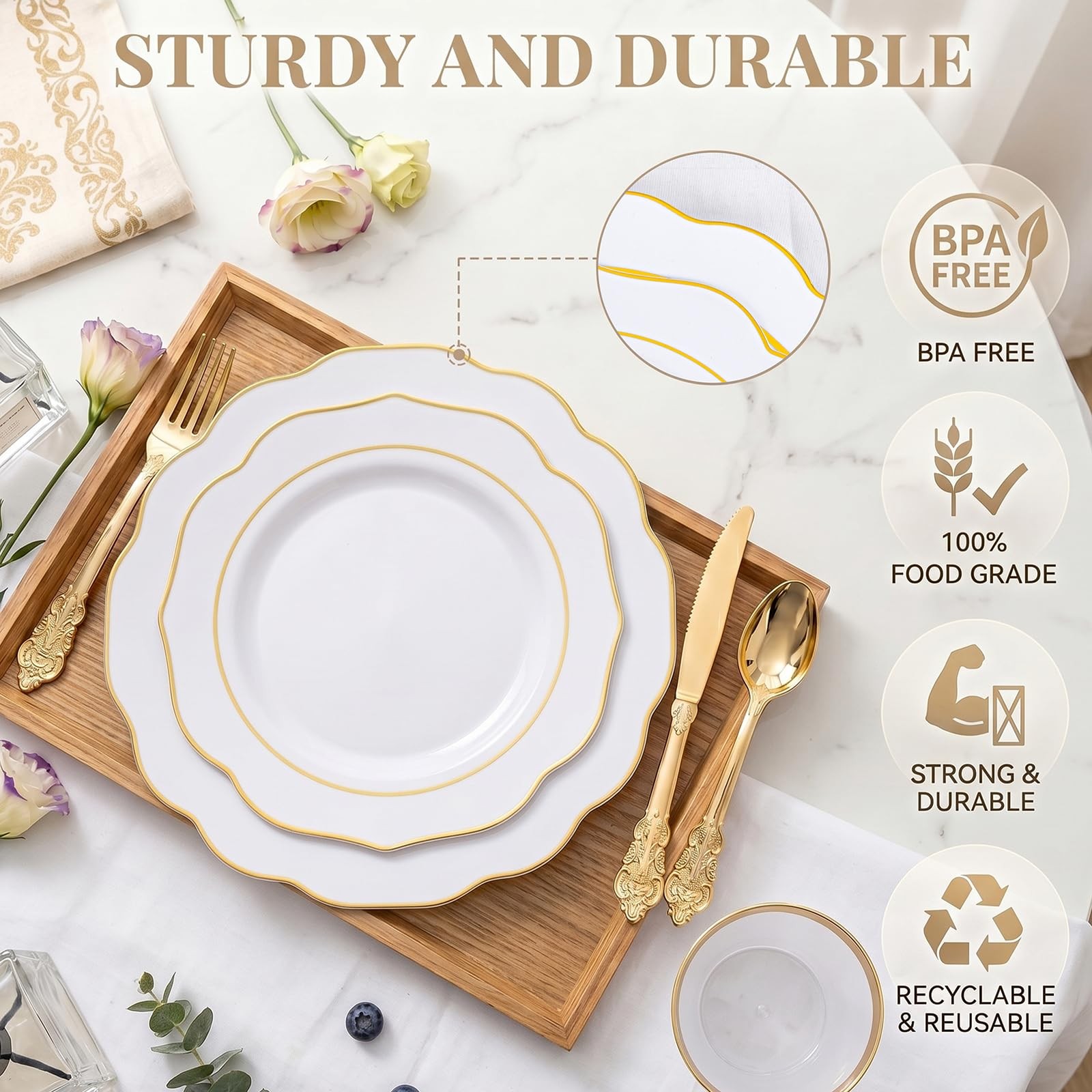 175PCS Gold Plastic Plates with Disposable Silverware – White Gold Plastic Ta…