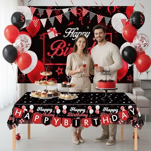 Red Birthday Background Party Supplies Decorations Red and Black Happy