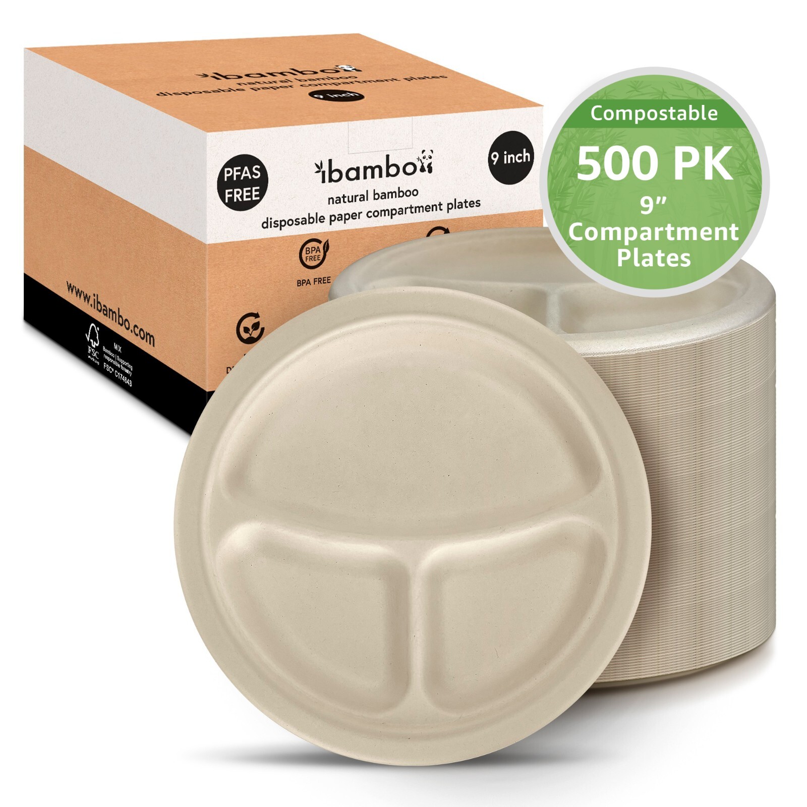 Ibambo Bamboo Disposable Compartment Plates – 9 Inch, 500 Pack, Compostable