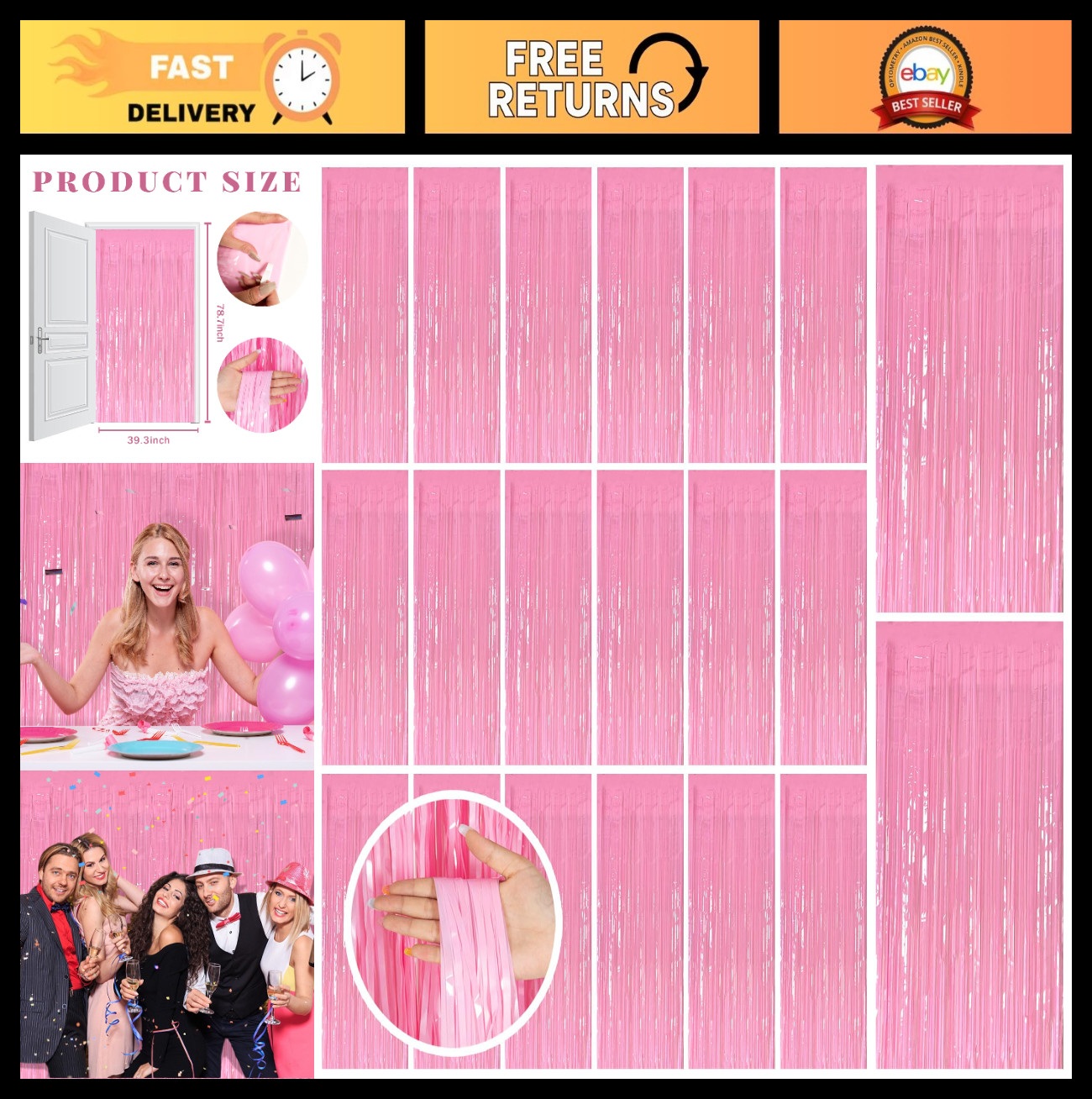 20 Pack Pink Tinsel Curtain Backdrop – Foil Fringe Party Decorations for Birthda