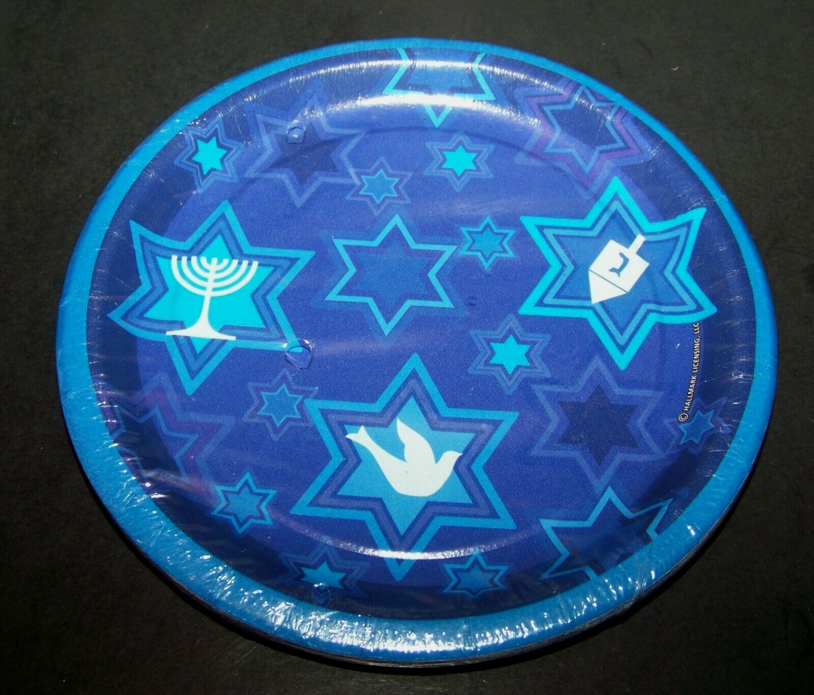 8 Hannukah Party Plates, Contemporary Trad, Dessert Blue Dreidel, Menorah Dove