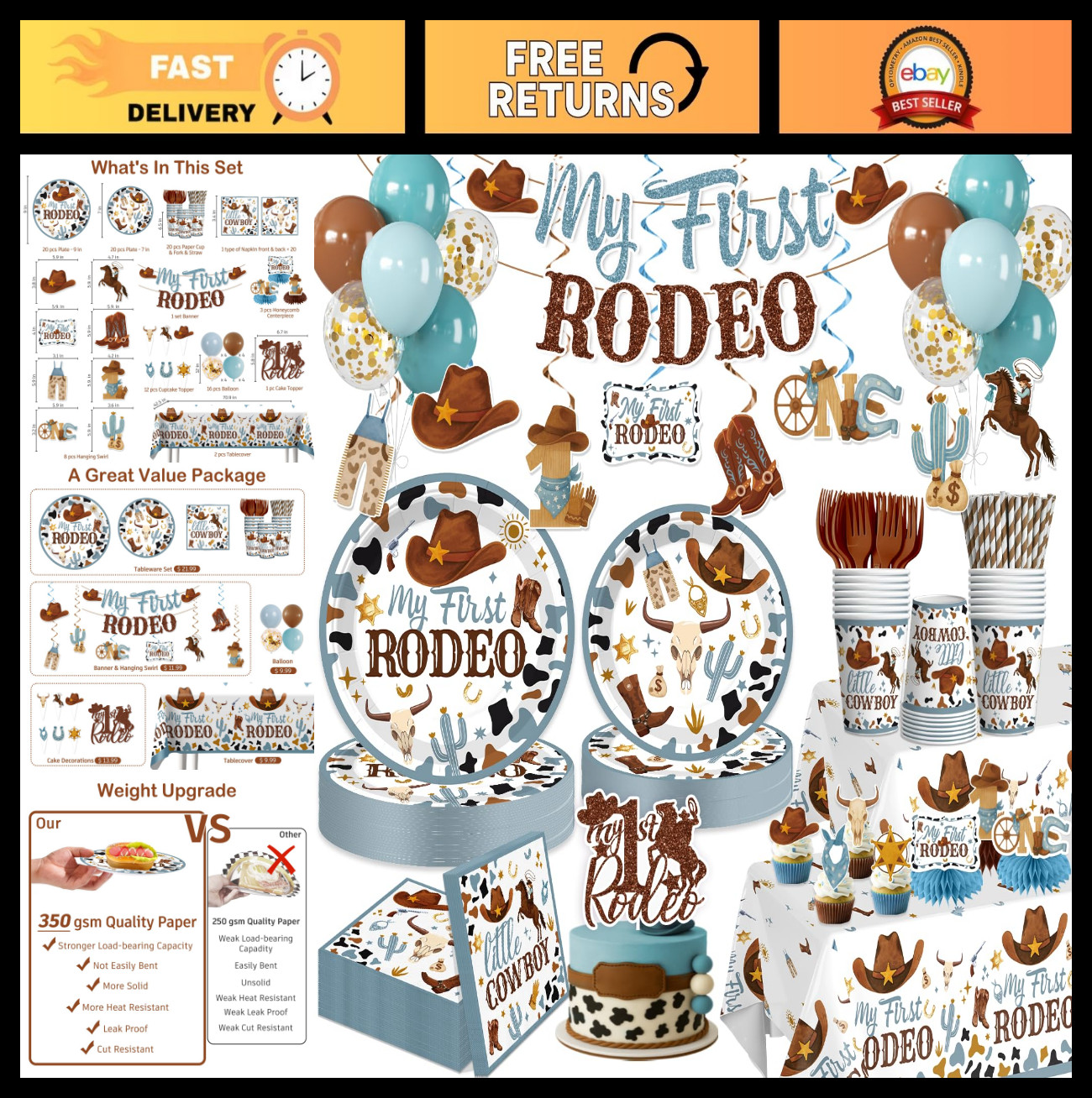 171 PCS First Rodeo Birthday Decorations for Boys – Tableware, Cake & Balloons