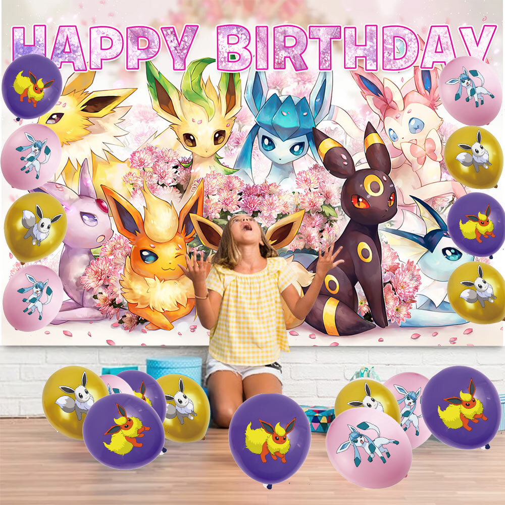 Eevee Happy Birthday Party Supplies Plates Balloon Cake Toppers Banner 5x3ft