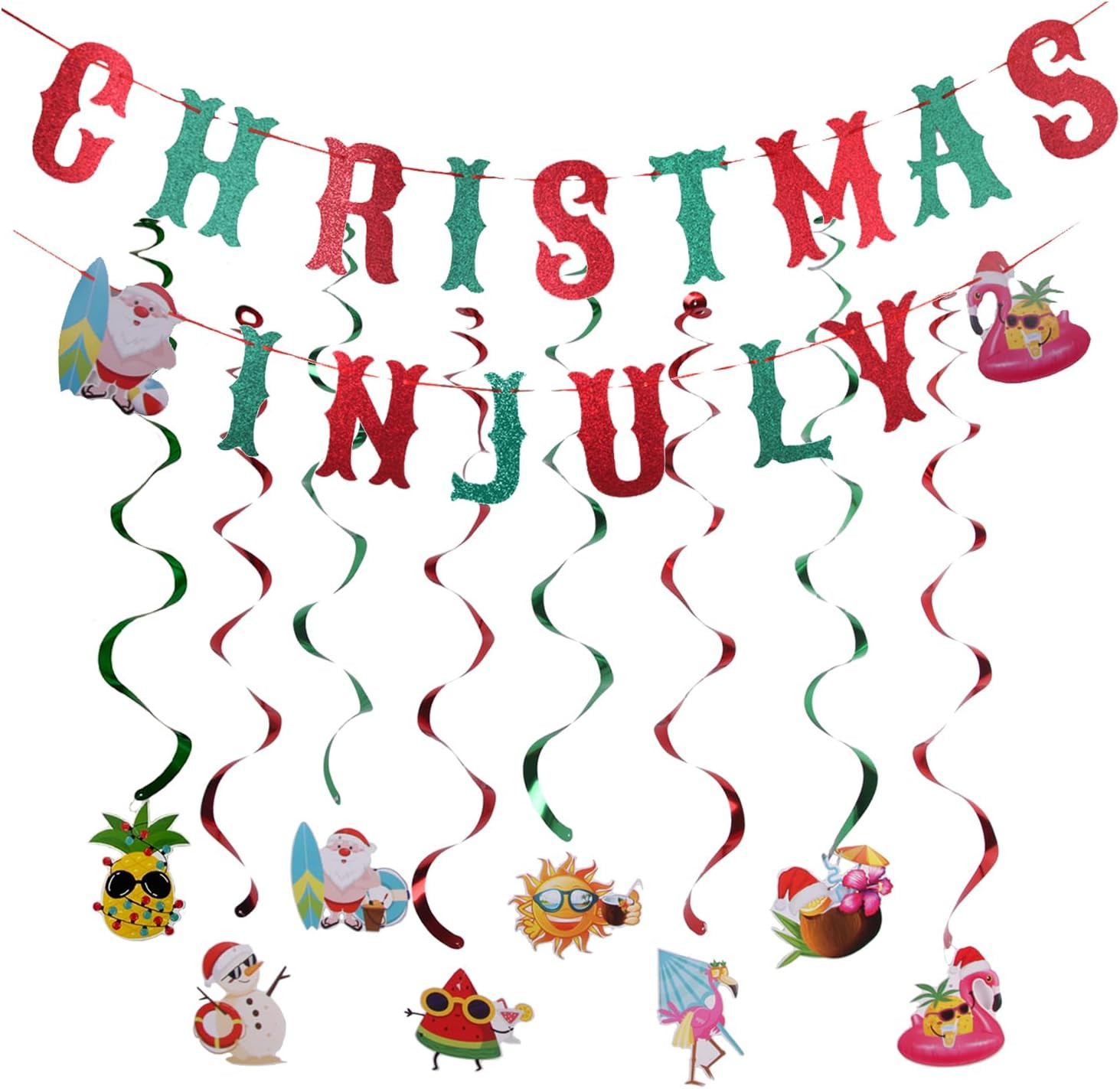 Glitter Christmas in July Bunting Banner with 8 Pieces Swirl Garlands Tropical C