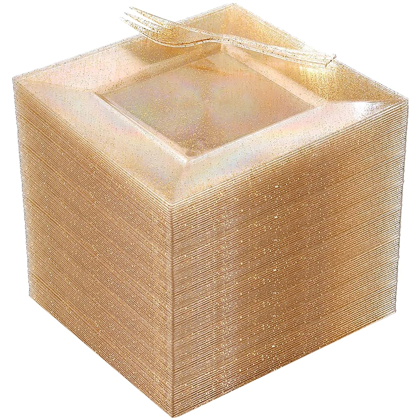 200 PCS Gold Dessert Appetizer Plates 6 Inch Plastic Forks 5.7 Inch Square