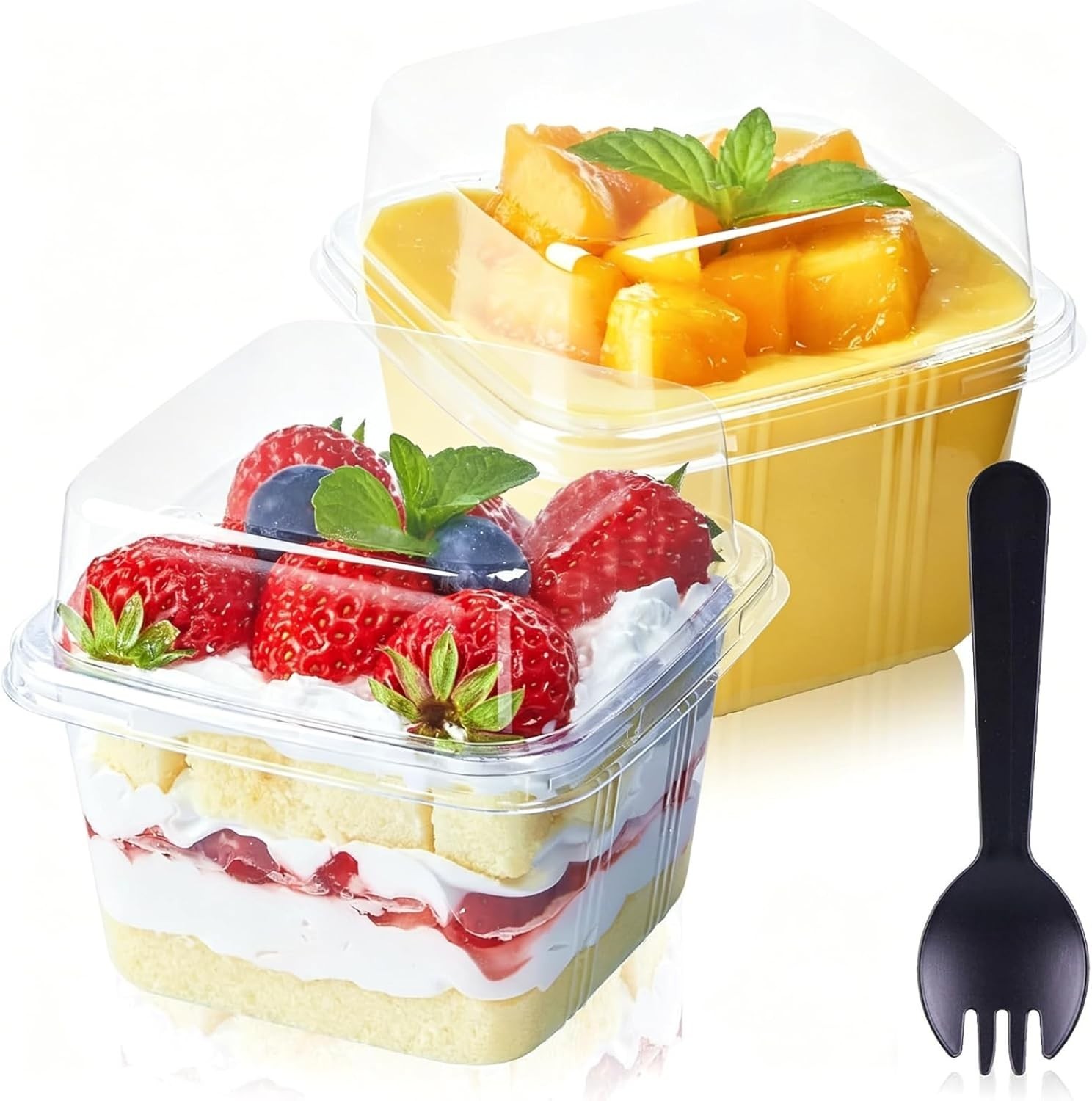 50Ct 8 oz Square Plastic Dessert Cups with Lids and Sporks, Clear Plastic Yog…