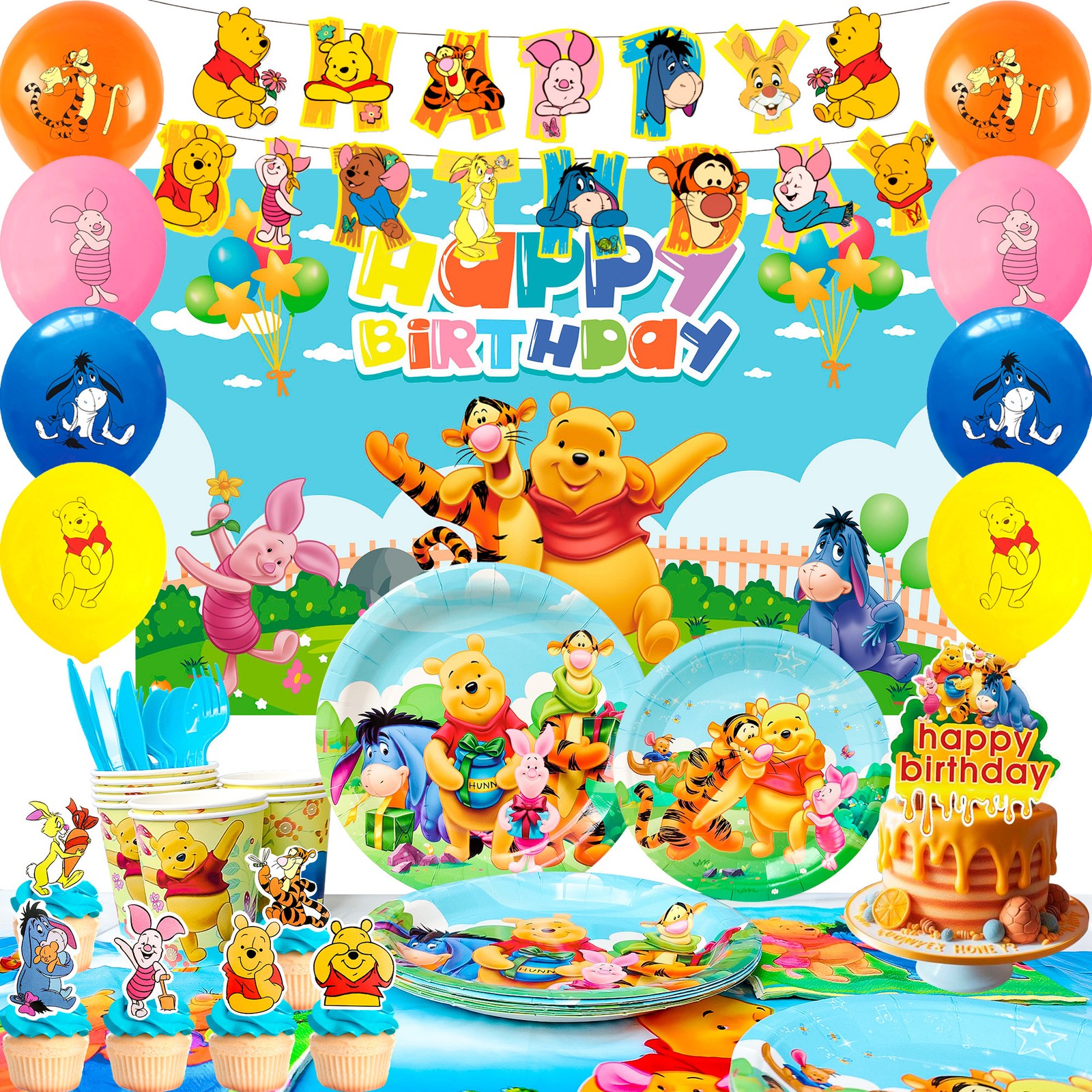 112 Pcs Disney Winnie The Pooh Party Supplies Party Decor Plates Balloon Banner