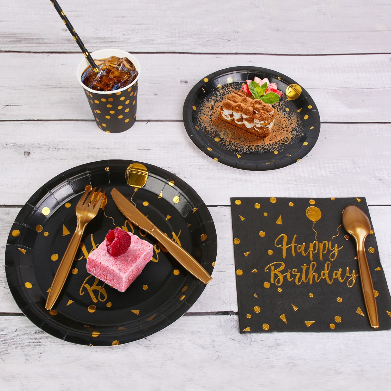 201‑Piece Black & Gold Birthday Party Set | Plates, Cups, Cutlery & Napkins for
