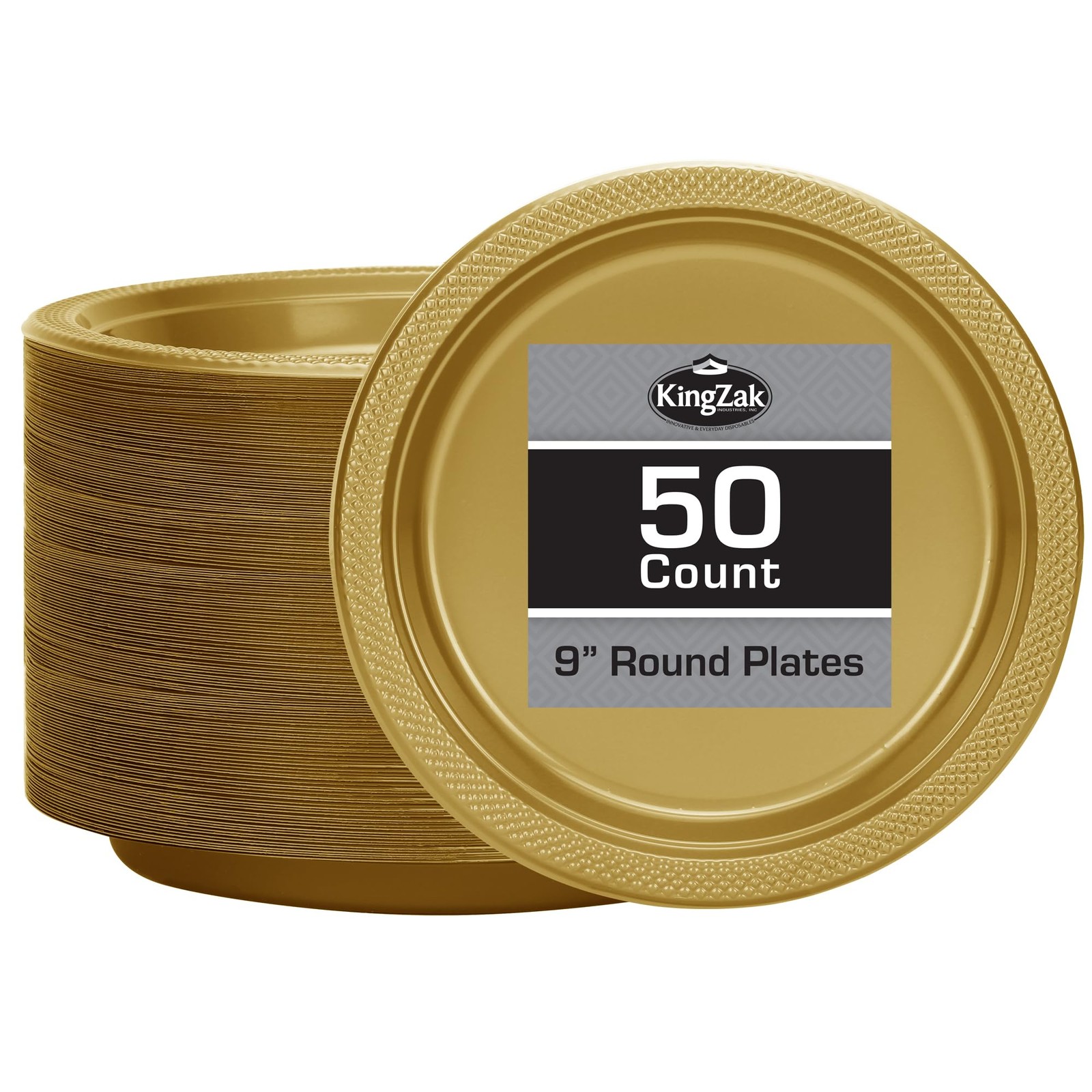 Gold Solid Color Premium Heavy Weight Plastic Dinner Plate (9″) 50 Count – El…