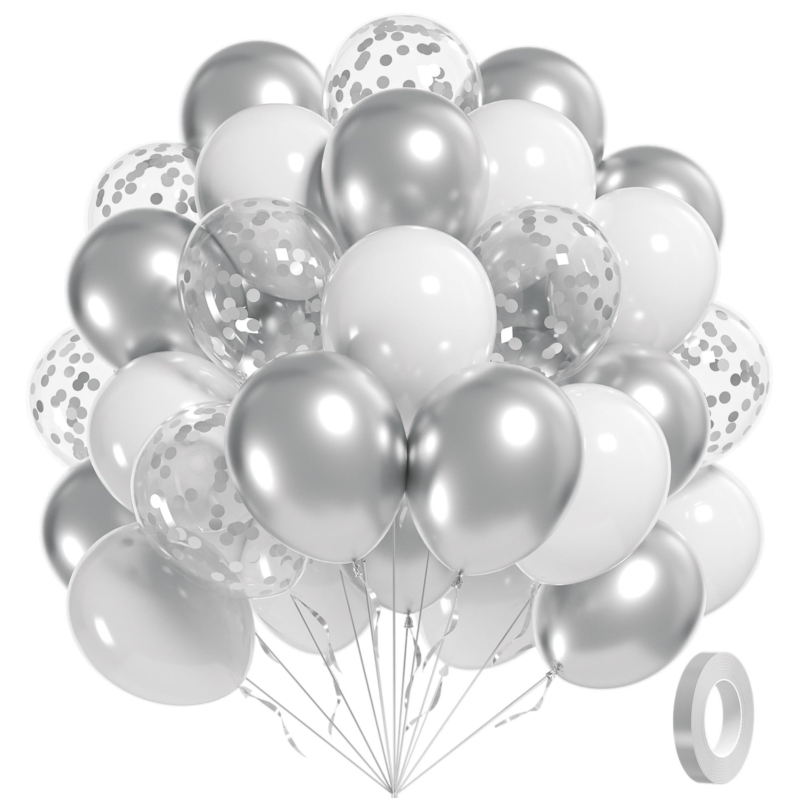 60pcs Silver and White Balloons with Confetti for Birthday and Party Decor