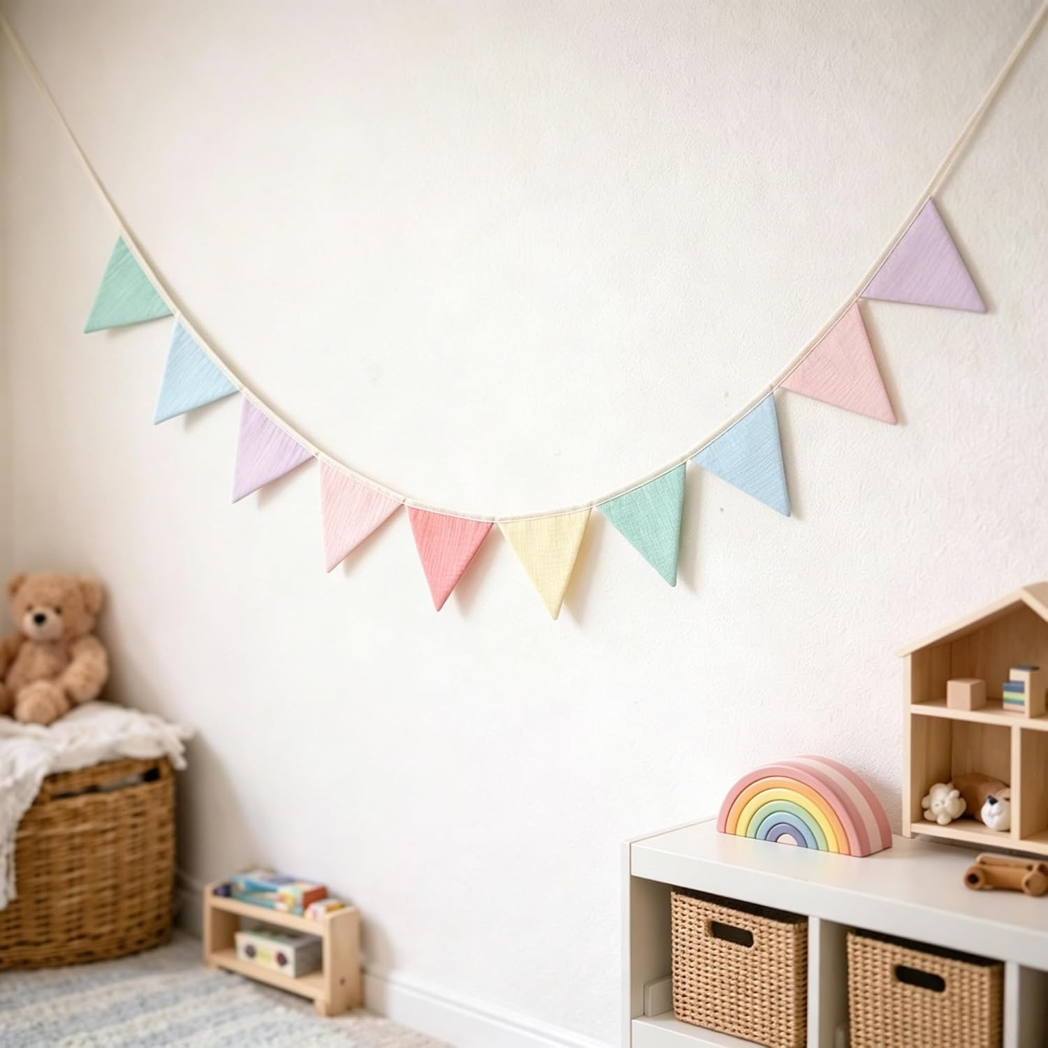Pennant Banner Flags Pastel Fabric Triangle Bunting Garland for Playroom Nursery