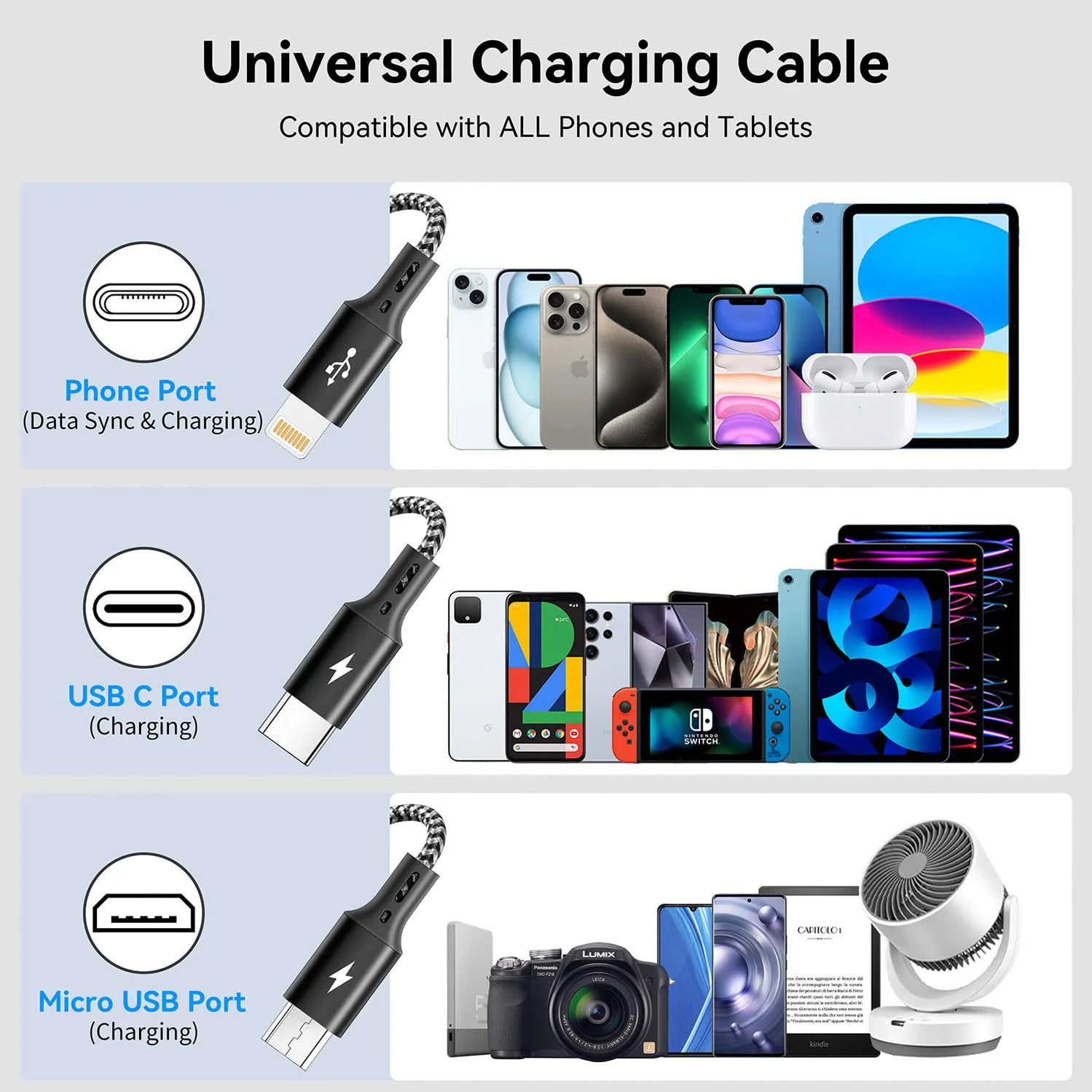 3 in 1 Multiple Charging Cord, Braided Multi Charger Cable USBC Charging