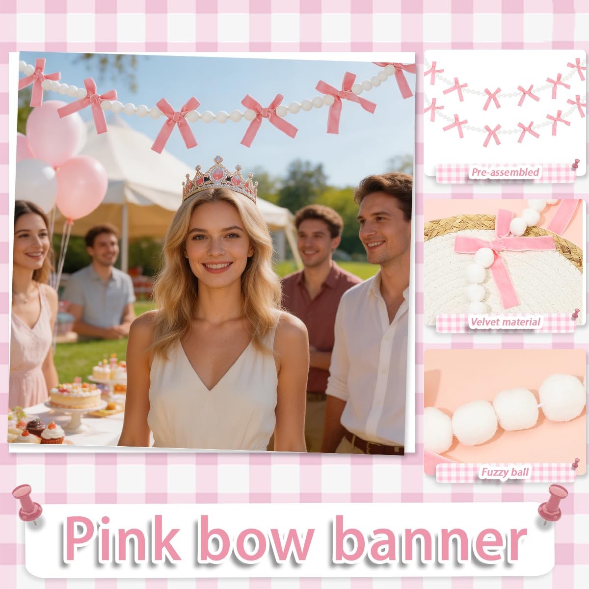 2Pcs Pink Bow Garland Felt Banner | Pink Bowknot Tie with White Pom Pom Balls…