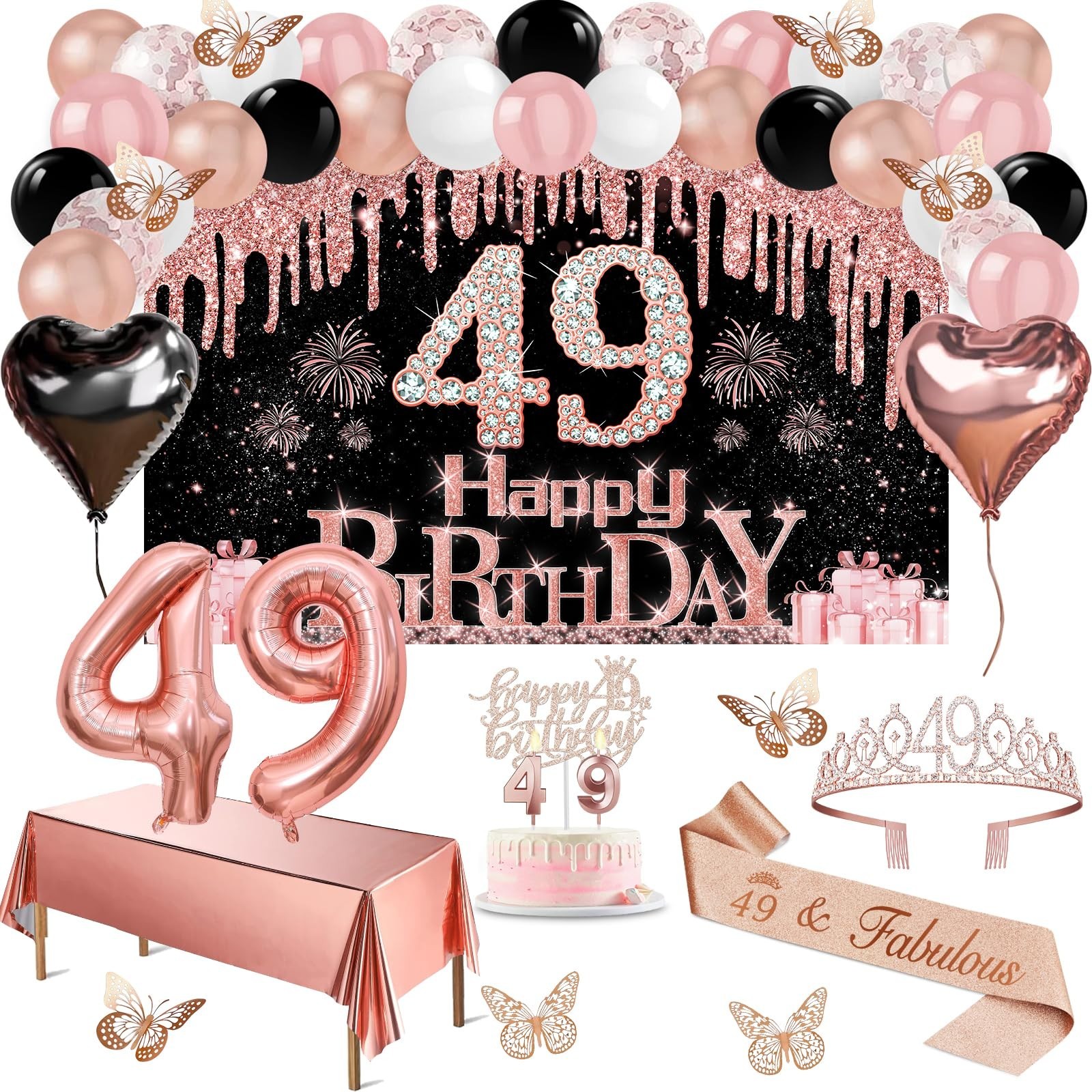 49th Birthday Decorations Set – 49pcs Black & Rose Gold Banner, Sash, Cake Toppe