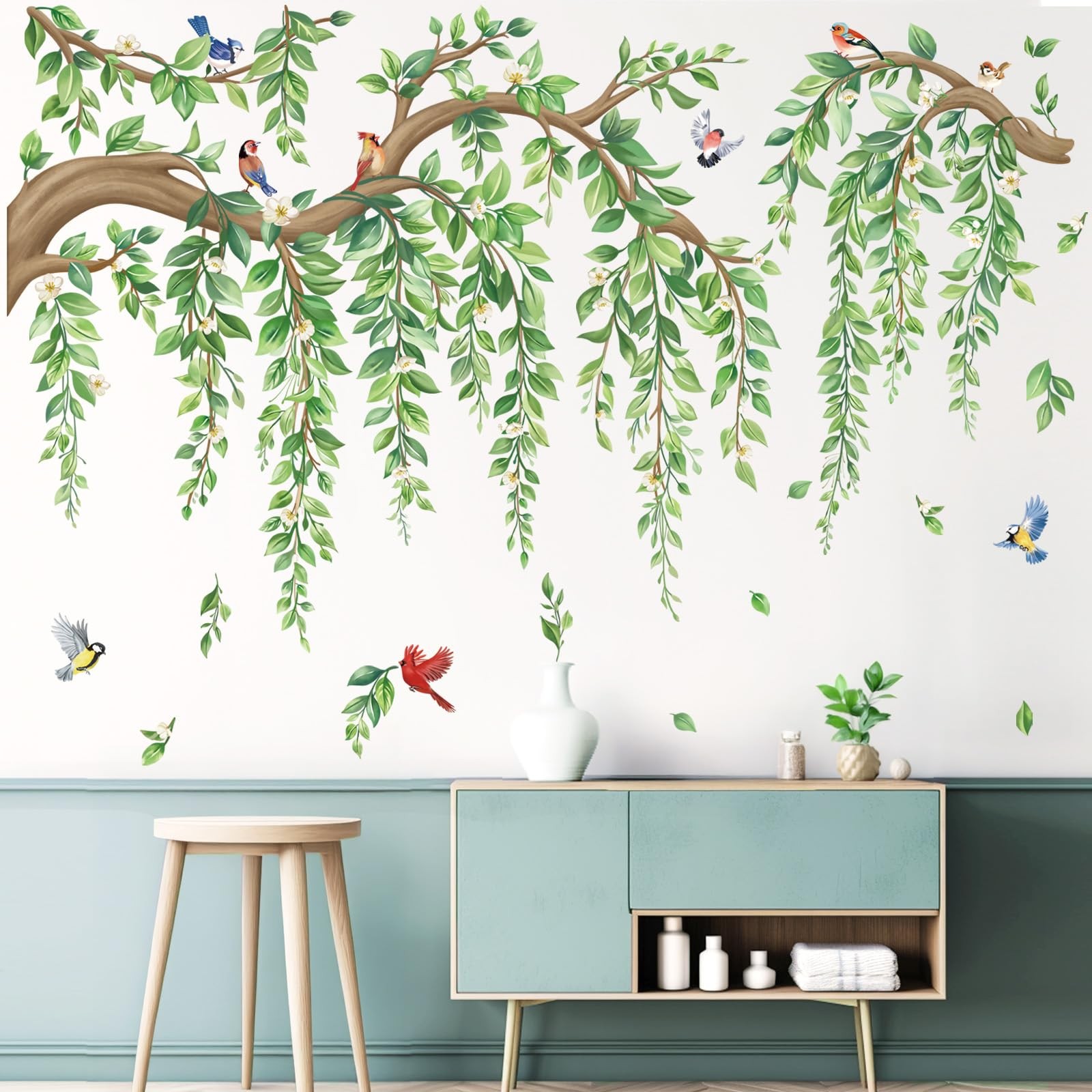 wondever Large Tree Branch Hanging Vine Wall Stickers Green Leaf Flower Birds