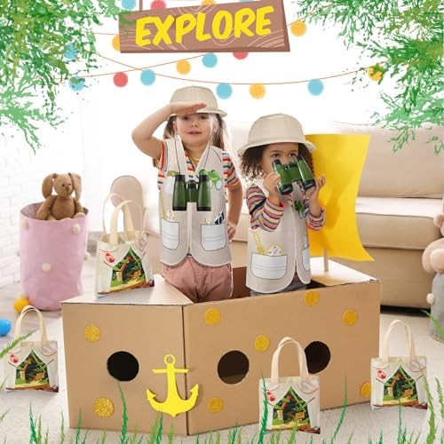 48 Pcs Kids Safari Explorer Costume Set, Vest Hat Binoculars Bag | Jungle
