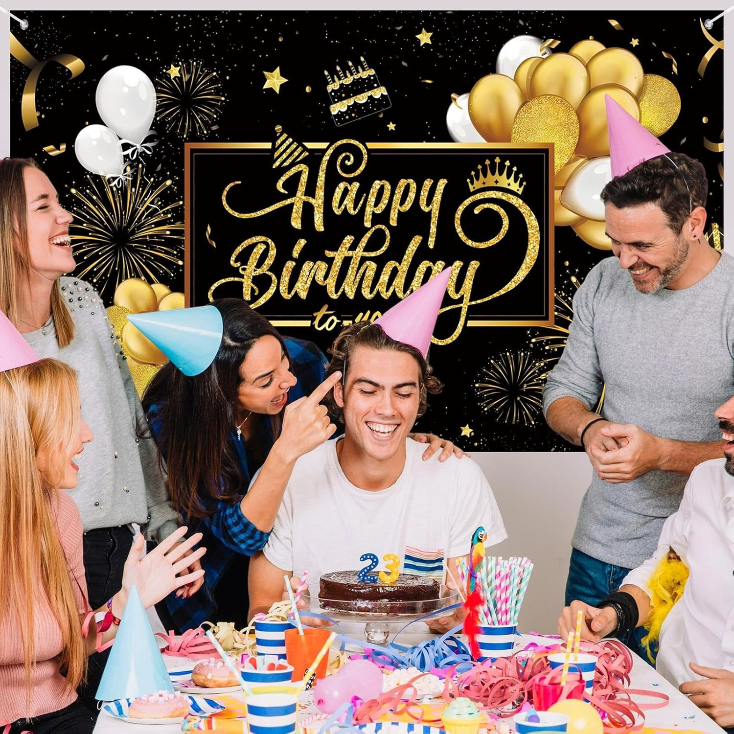 Happy Birthday Backdrop Banner, Black and Gold Birthdays Banner Backdrop, Hap…