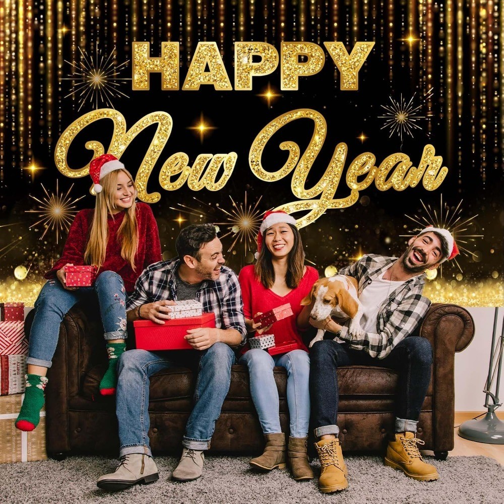 Black Gold Happy New Year 2026 Banner – Large New Years Eve Party Backdrop with