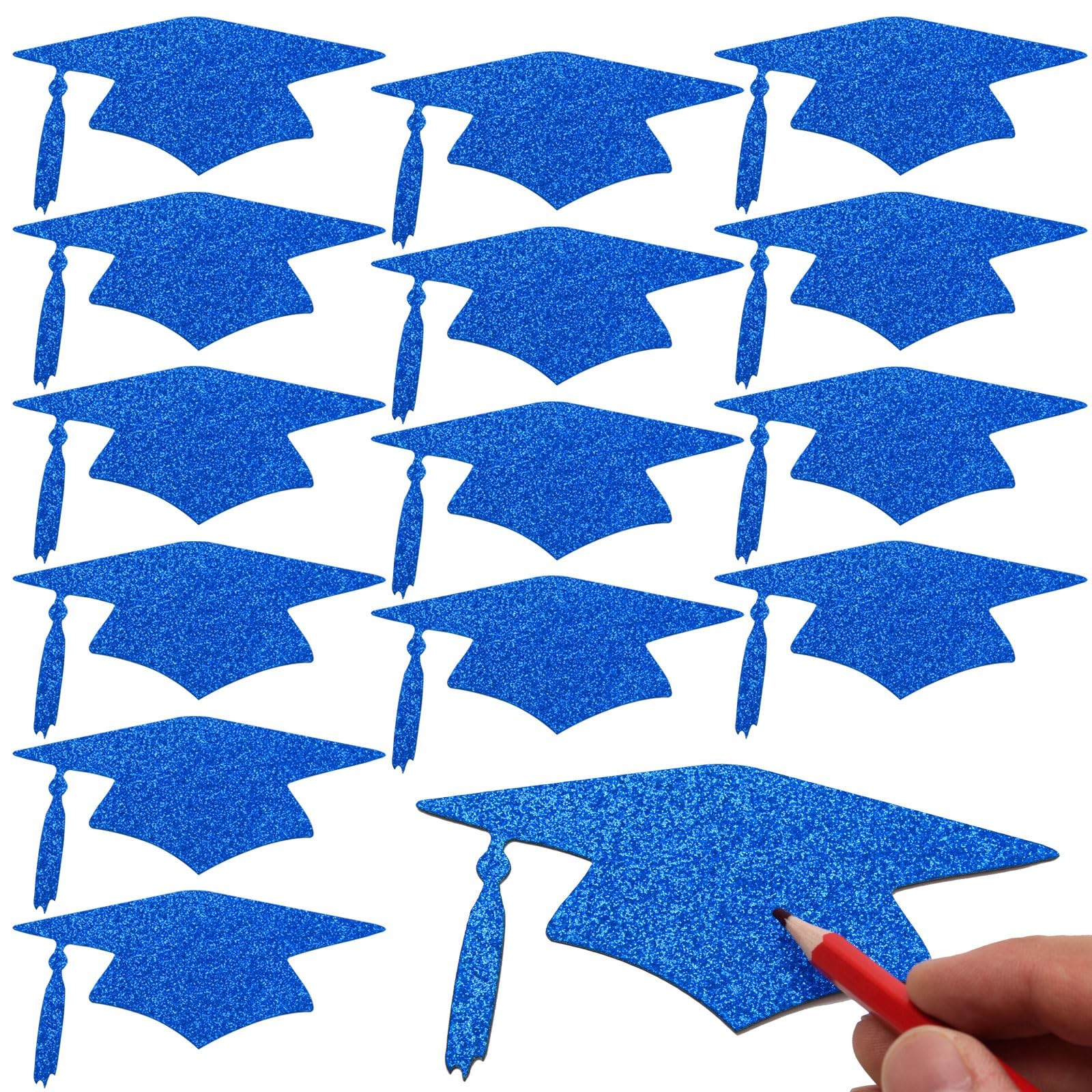 50 PCS Blue Glitter Graduation Cap Cutouts Class Of 2026 Table Confetti