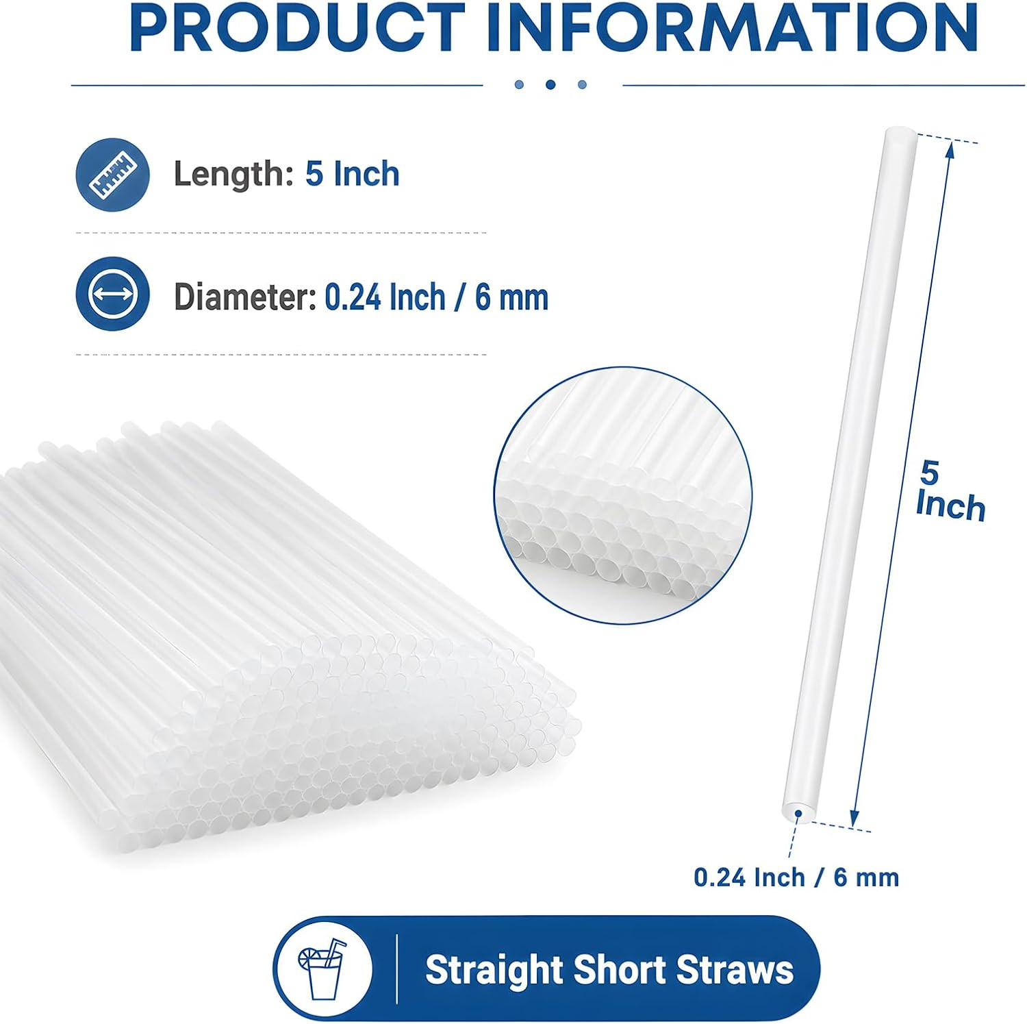 ALINK 500 Pcs 5 Inch Plastic Clear Cocktail Straws, 0.24″ Diameter Disposable Sm