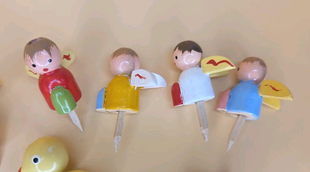 Vintage Lot Of 12 Wooden Italy Cake Topper Picks Angels And Birds