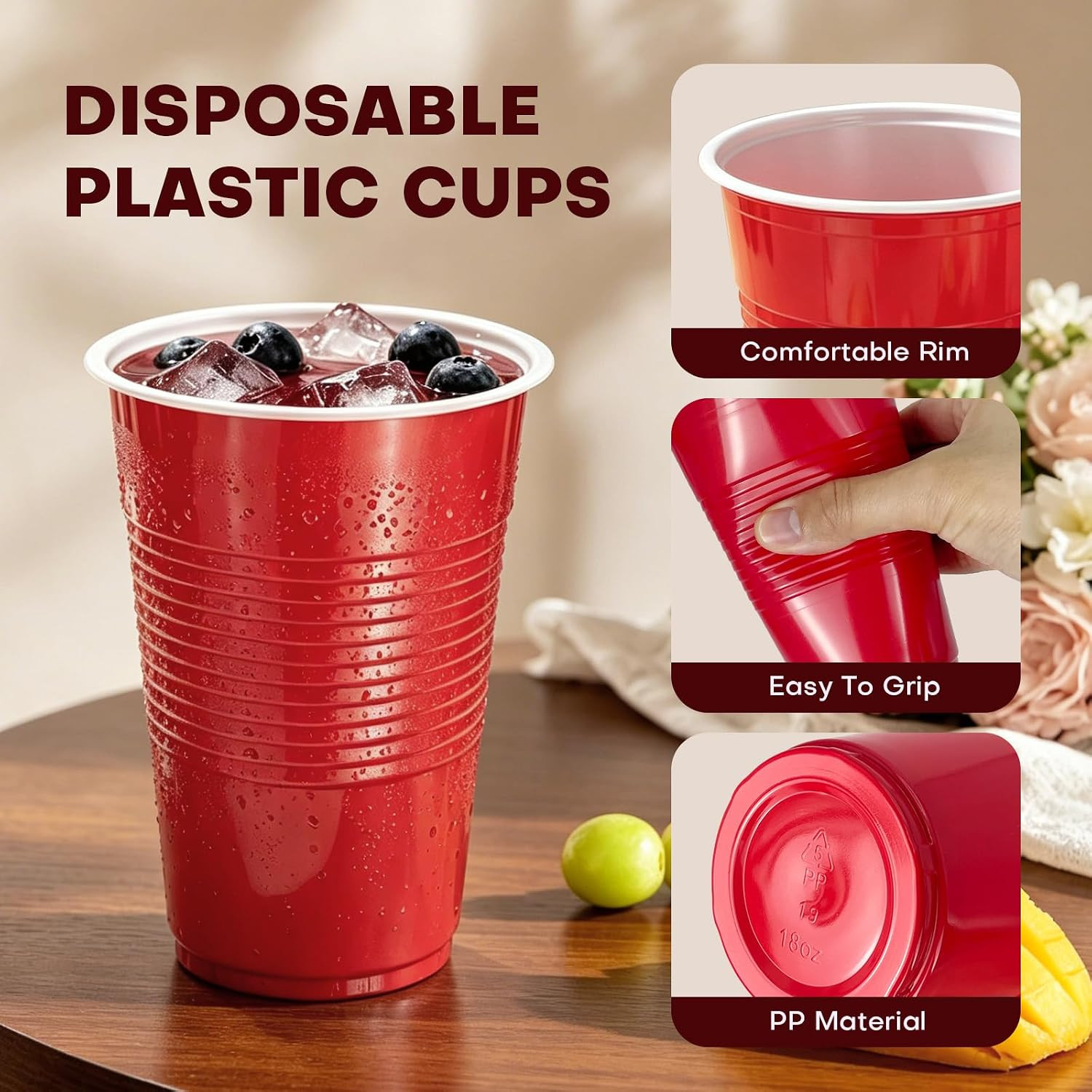 Disposable Plastic Cups, 120 Count, 18 Oz Bpa-Free PP Plastic Cups, Assorted Red