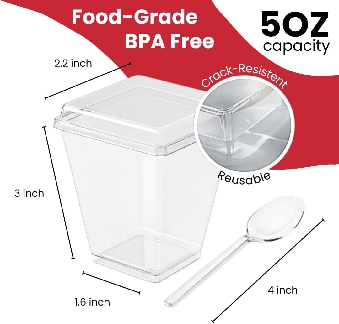 100 Pack 5 oz Disposable Plastic Dessert Cups with Lids and Spoons Clear Mini…