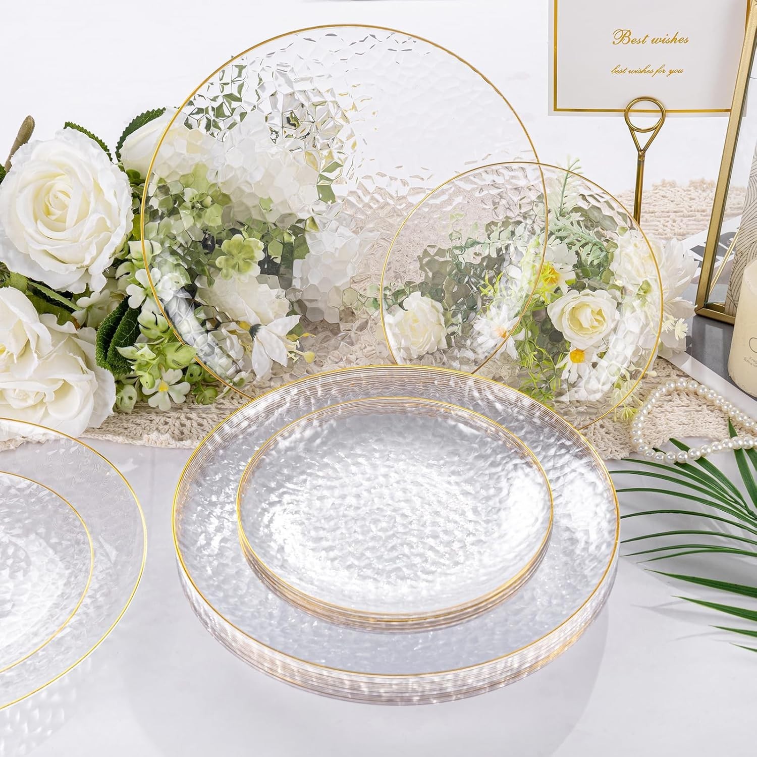 60Pcs Clear Plastic Plates,Clear Disposable Plates With Gold Rim,Heavy-duty G…
