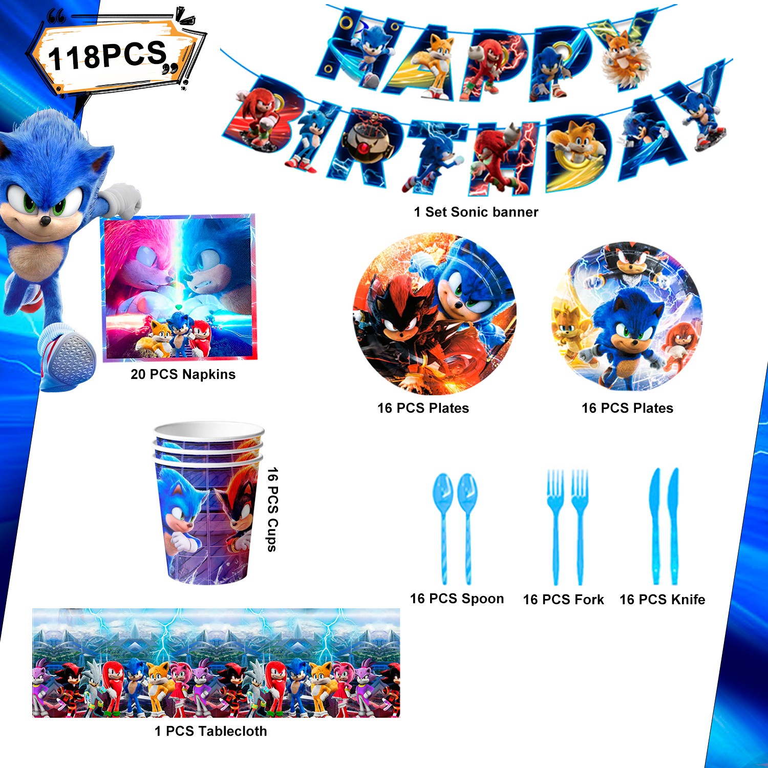 Sonic Party Supplies Tableware 118Pcs Sonic Tablecloth Banner Plates Napkins Cup