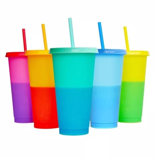 Magic Color Changing Plastic Cups Lids Straws 6 Pack 24 Oz Reusable BPA Free