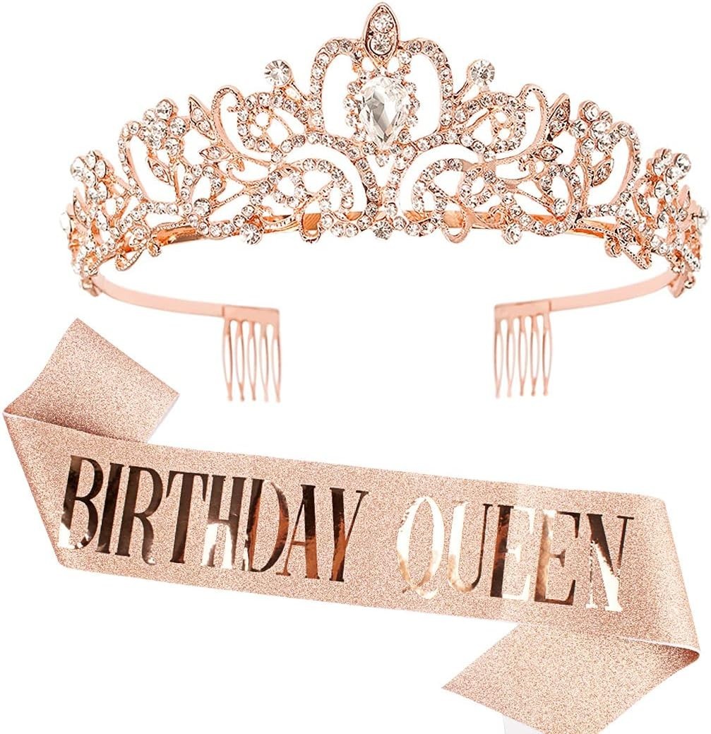 Stylish Rhinestone Tiara and Adjustable Birthday Sash Set in Rose Gold